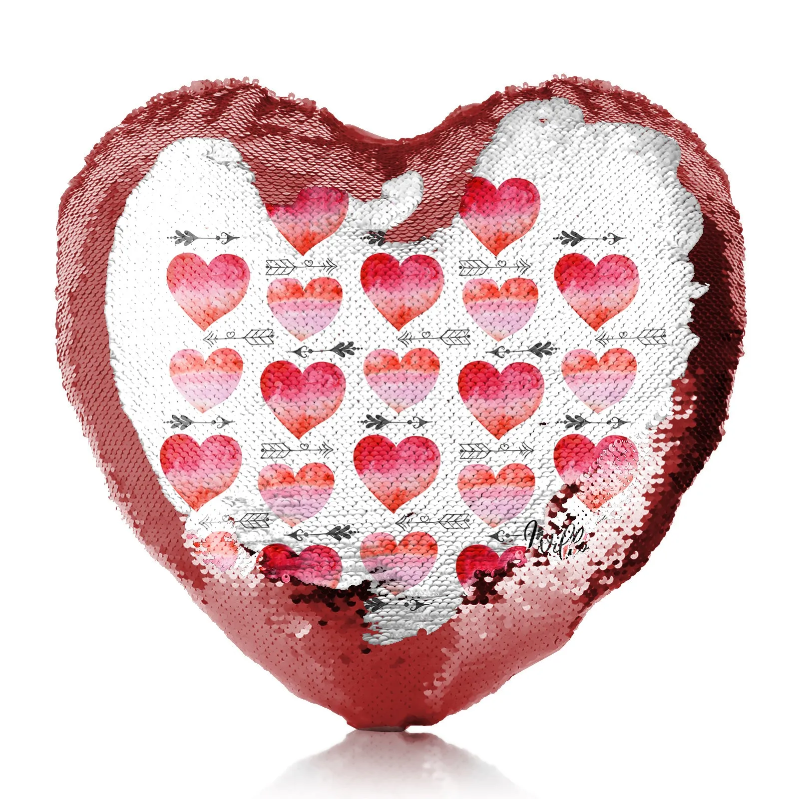 Personalised Sequin Heart Cushion with Stylish Text and Arrow Love Hearts Print