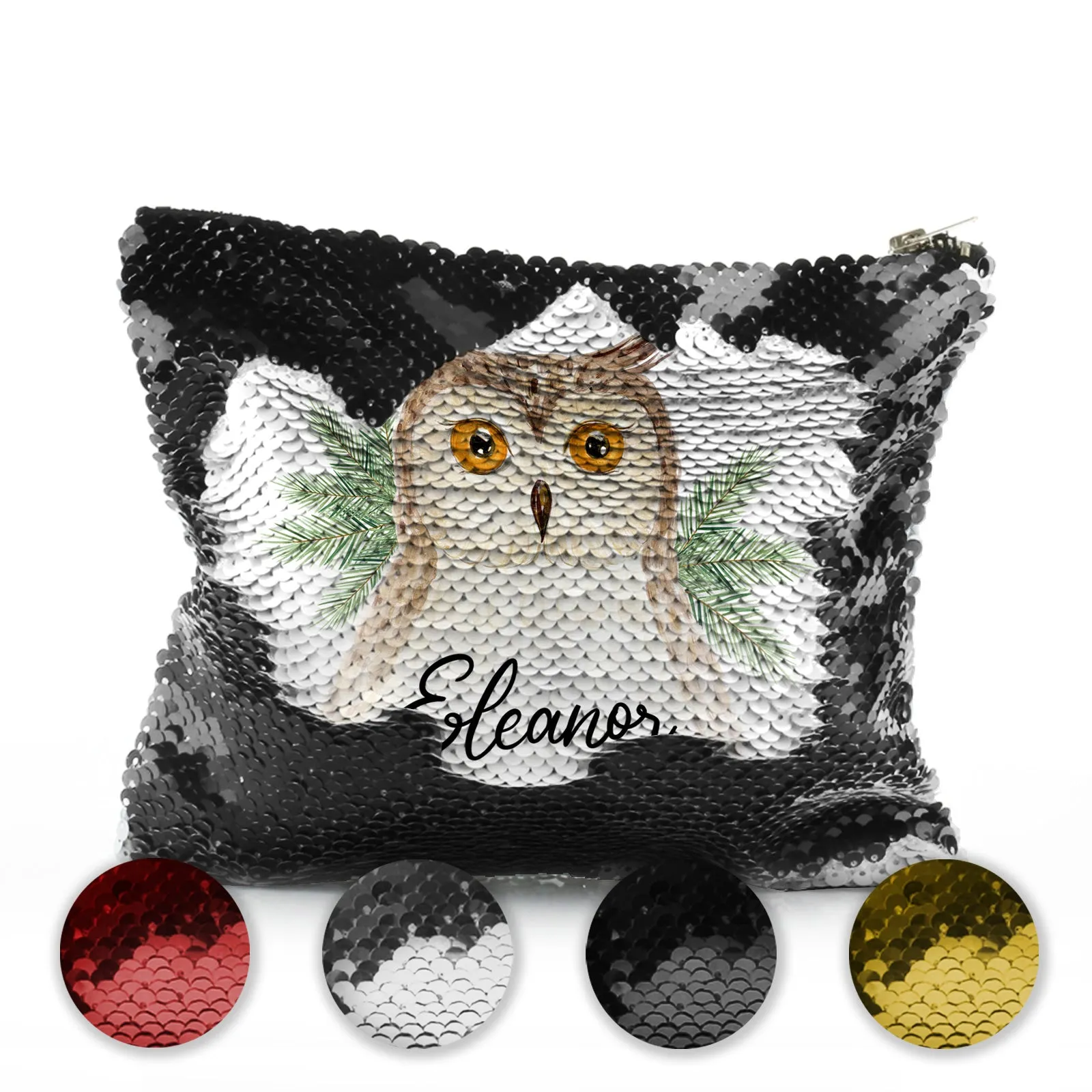 Personalised Sequin Zip Bag with Brown Owl Pine Tree and Cute Text
