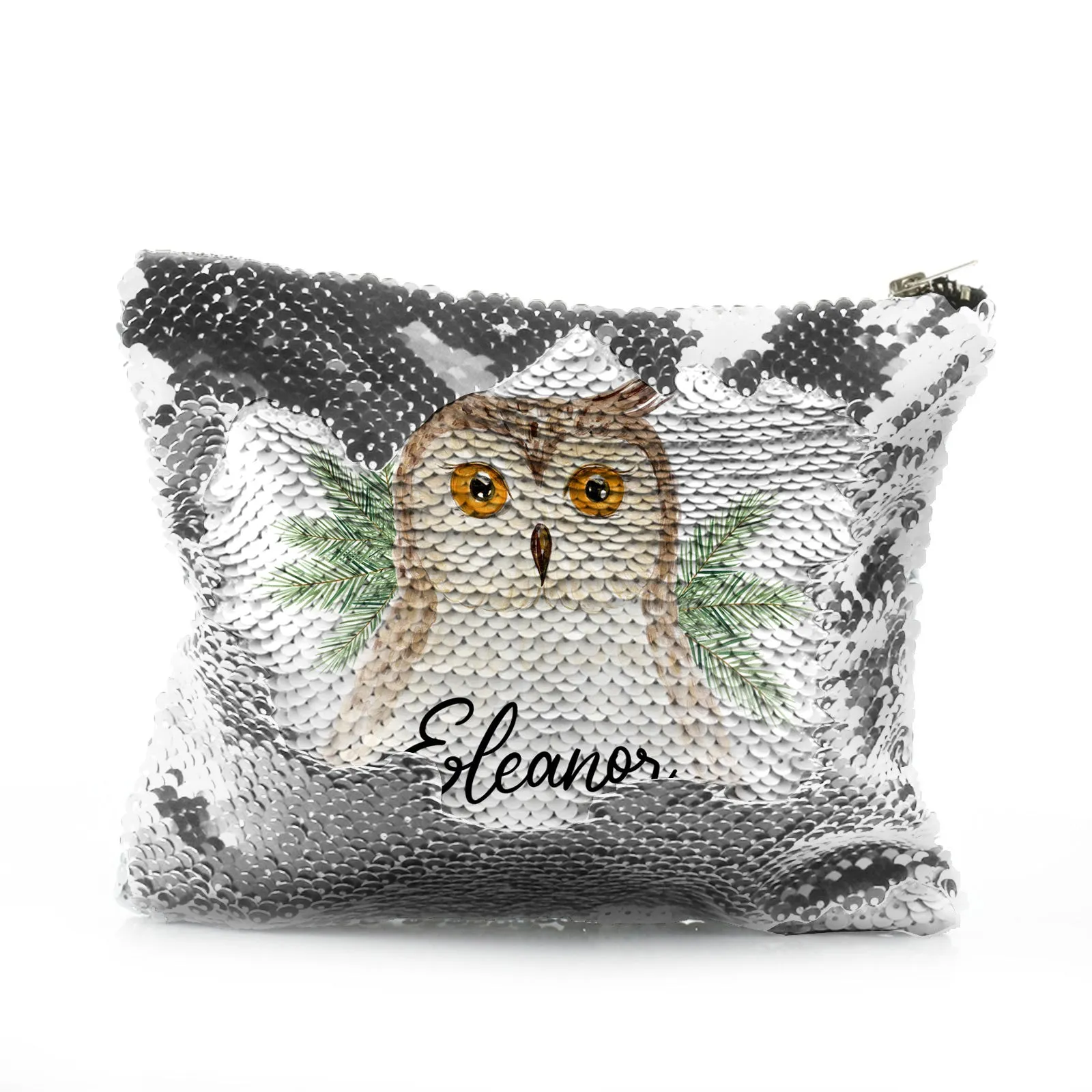 Personalised Sequin Zip Bag with Brown Owl Pine Tree and Cute Text