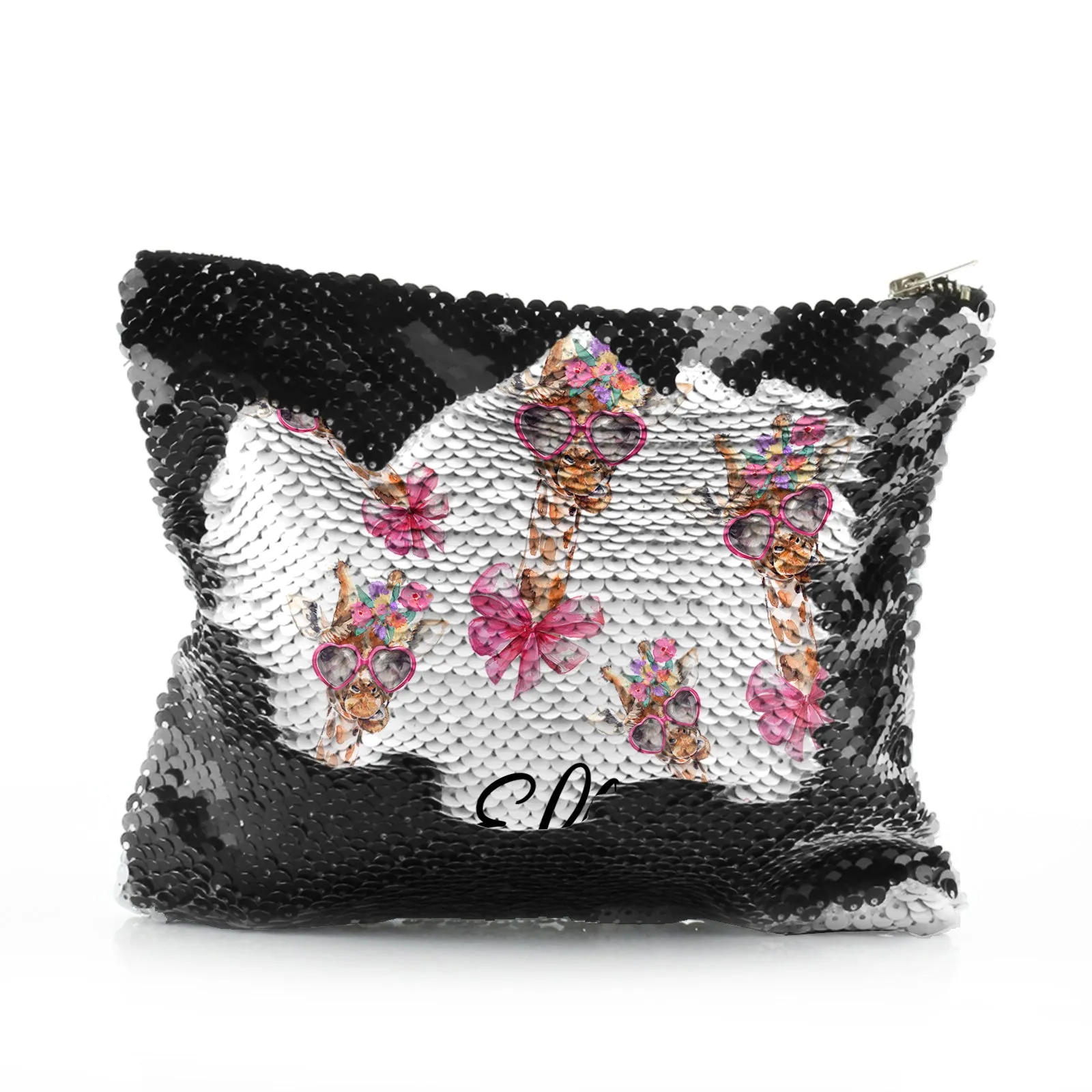Personalised Sequin Zip Bag with Giraffe Pink Bow Multicolour Flowers and Cute Text