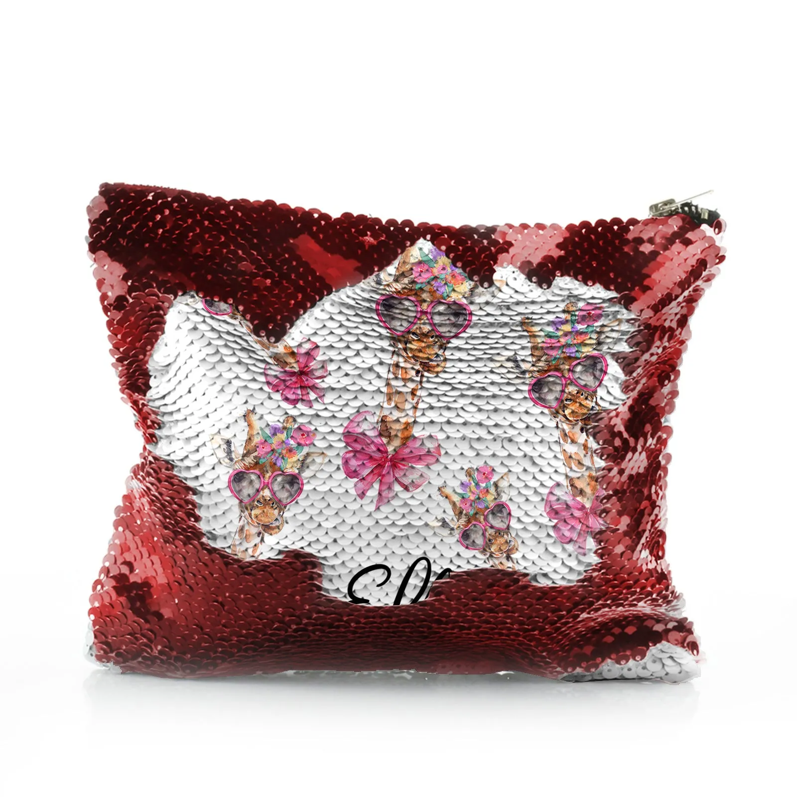 Personalised Sequin Zip Bag with Giraffe Pink Bow Multicolour Flowers and Cute Text