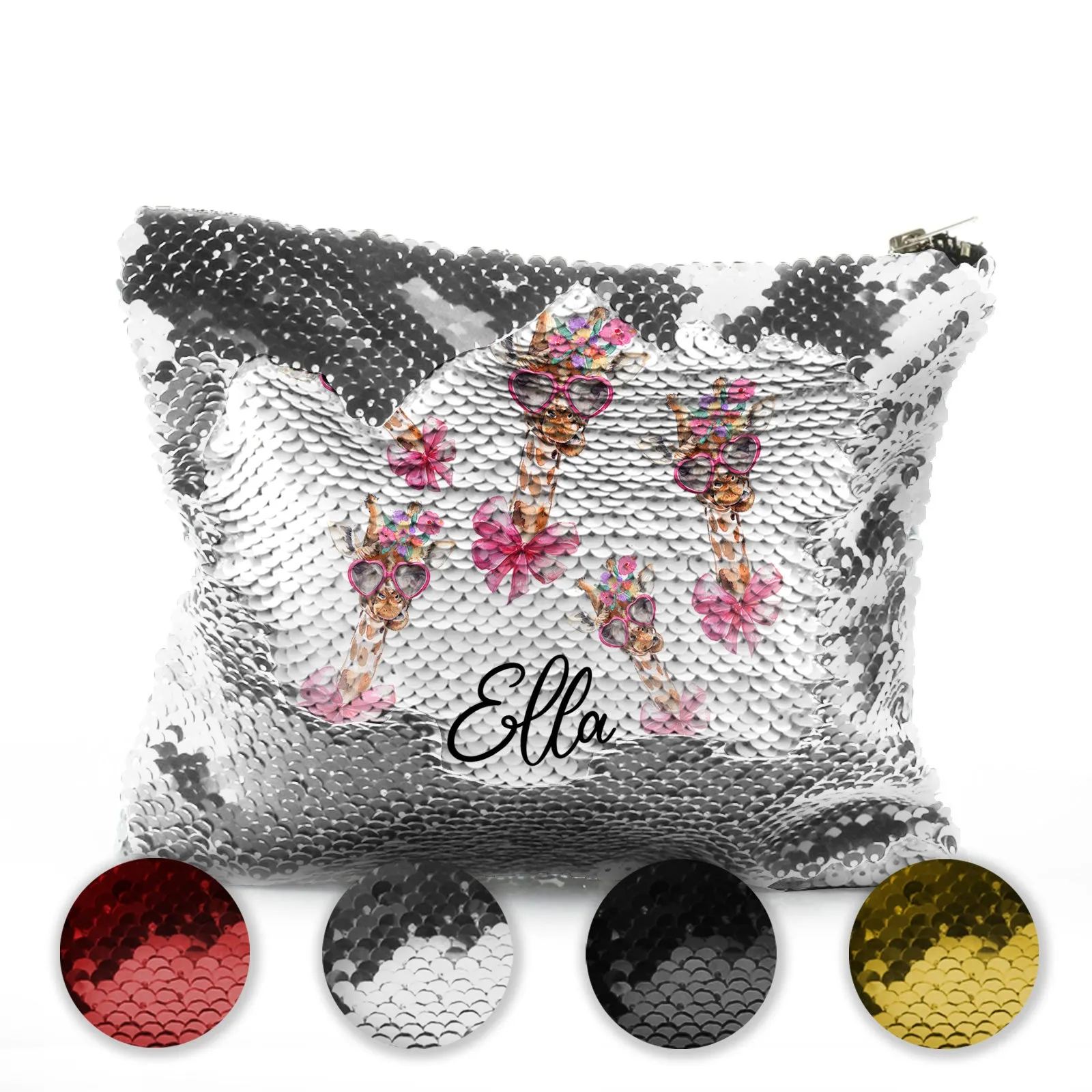 Personalised Sequin Zip Bag with Giraffe Pink Bow Multicolour Flowers and Cute Text