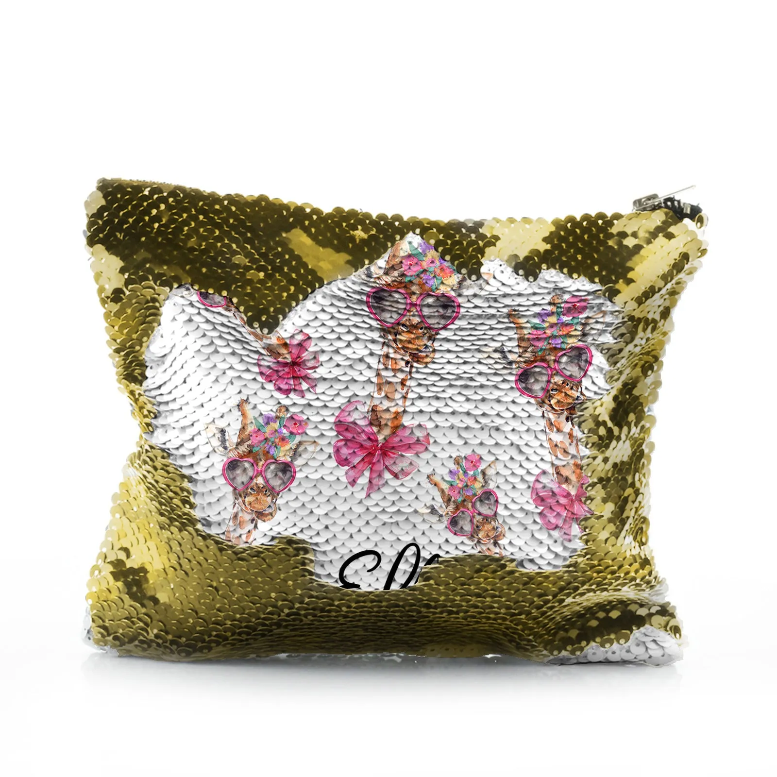 Personalised Sequin Zip Bag with Giraffe Pink Bow Multicolour Flowers and Cute Text
