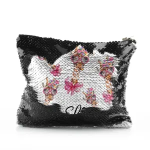Personalised Sequin Zip Bag with Giraffe Pink Bow Multicolour Flowers and Cute Text