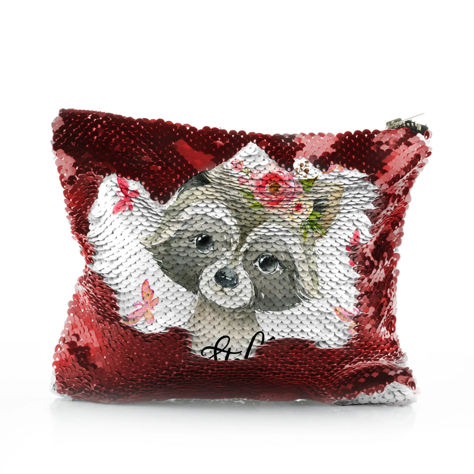 Personalised Sequin Zip Bag with Raccoon Pink Butterfly Flowers and Cute Text