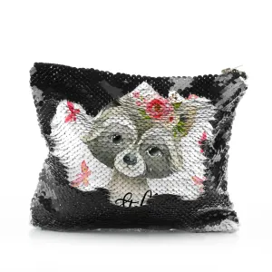 Personalised Sequin Zip Bag with Raccoon Pink Butterfly Flowers and Cute Text