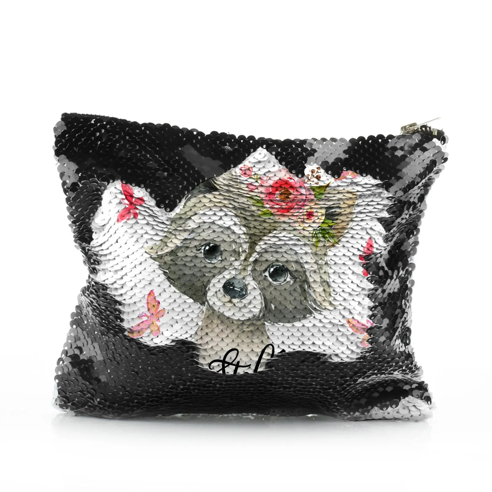 Personalised Sequin Zip Bag with Raccoon Pink Butterfly Flowers and Cute Text