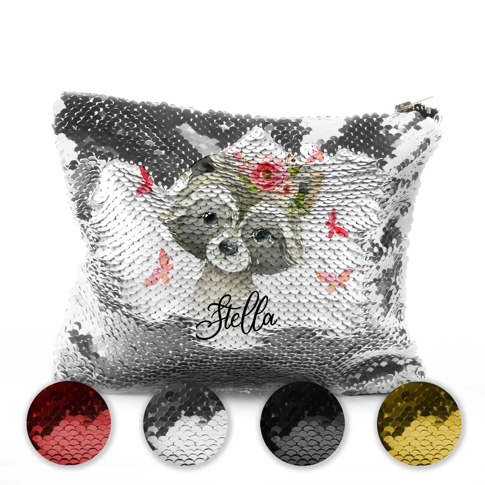 Personalised Sequin Zip Bag with Raccoon Pink Butterfly Flowers and Cute Text