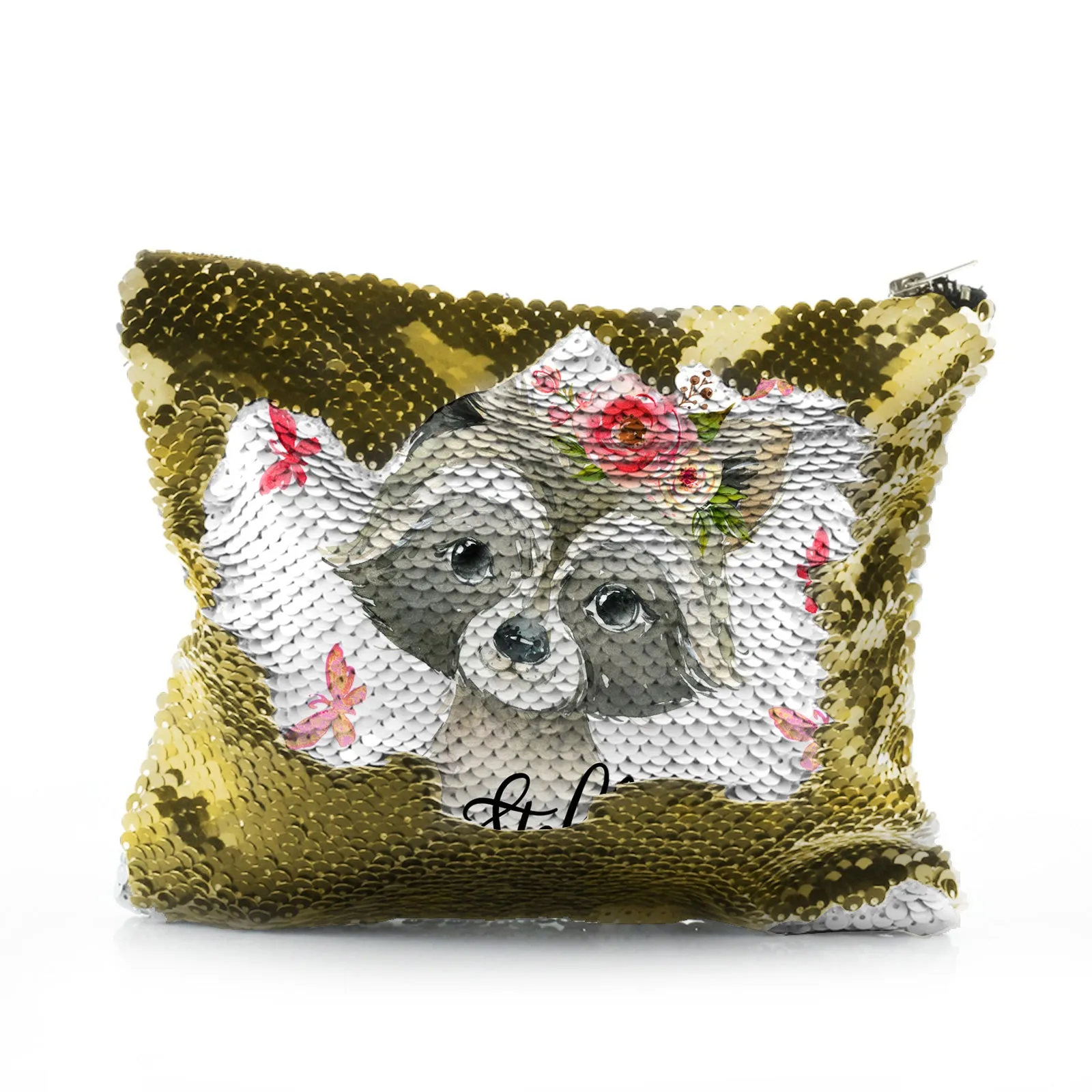 Personalised Sequin Zip Bag with Raccoon Pink Butterfly Flowers and Cute Text
