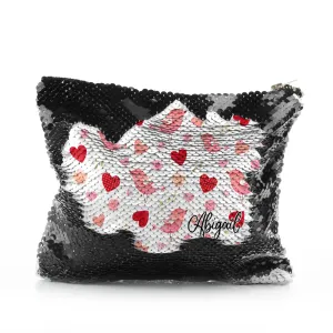 Personalised Sequin Zip Bag with Stylish Text and Love Heart Birds Print