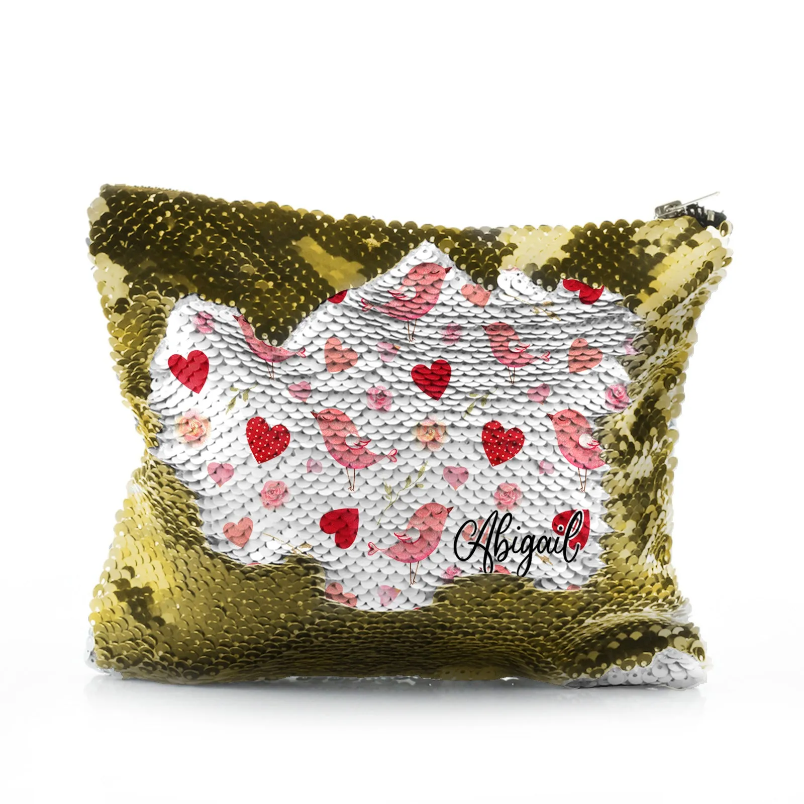 Personalised Sequin Zip Bag with Stylish Text and Love Heart Birds Print