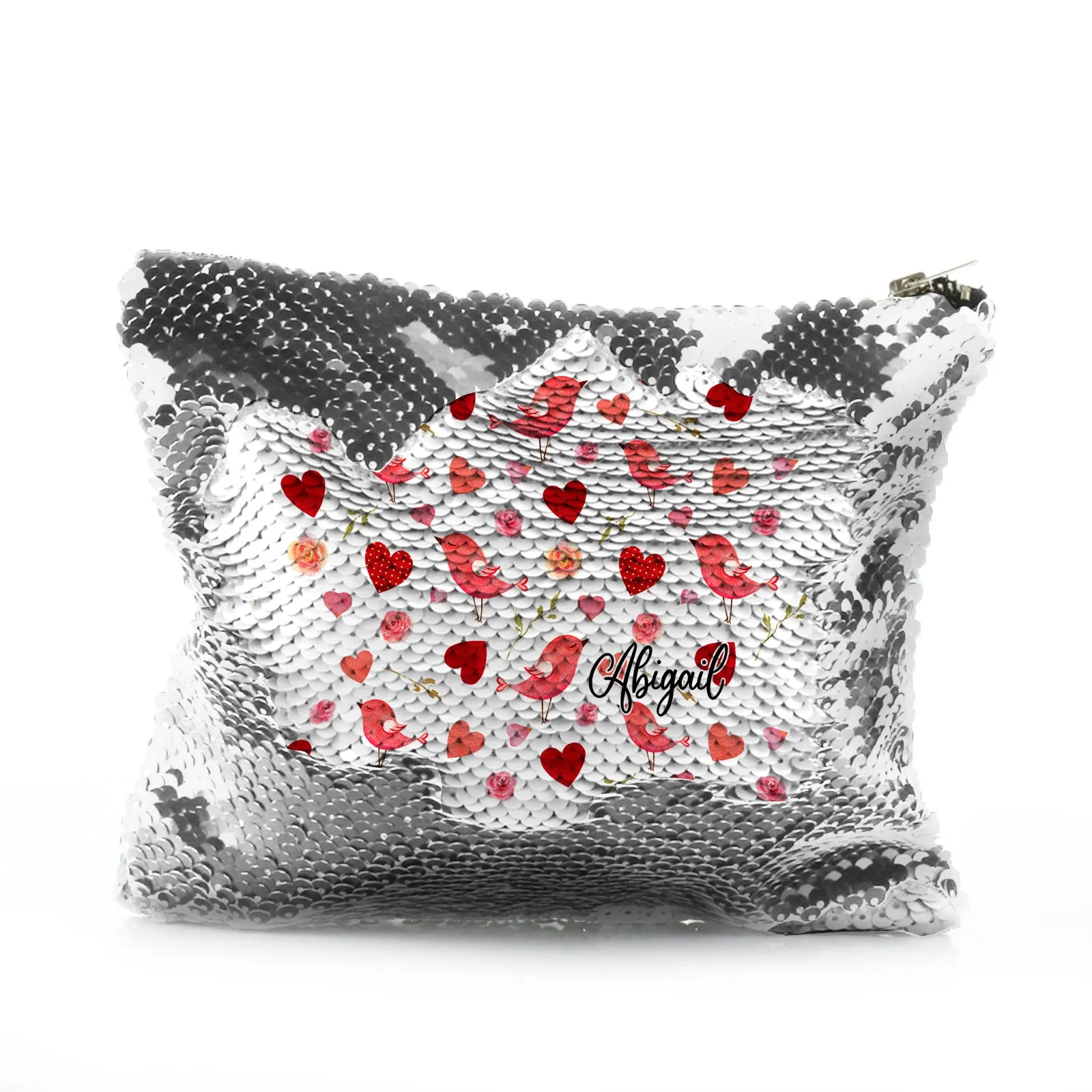 Personalised Sequin Zip Bag with Stylish Text and Love Heart Birds Print