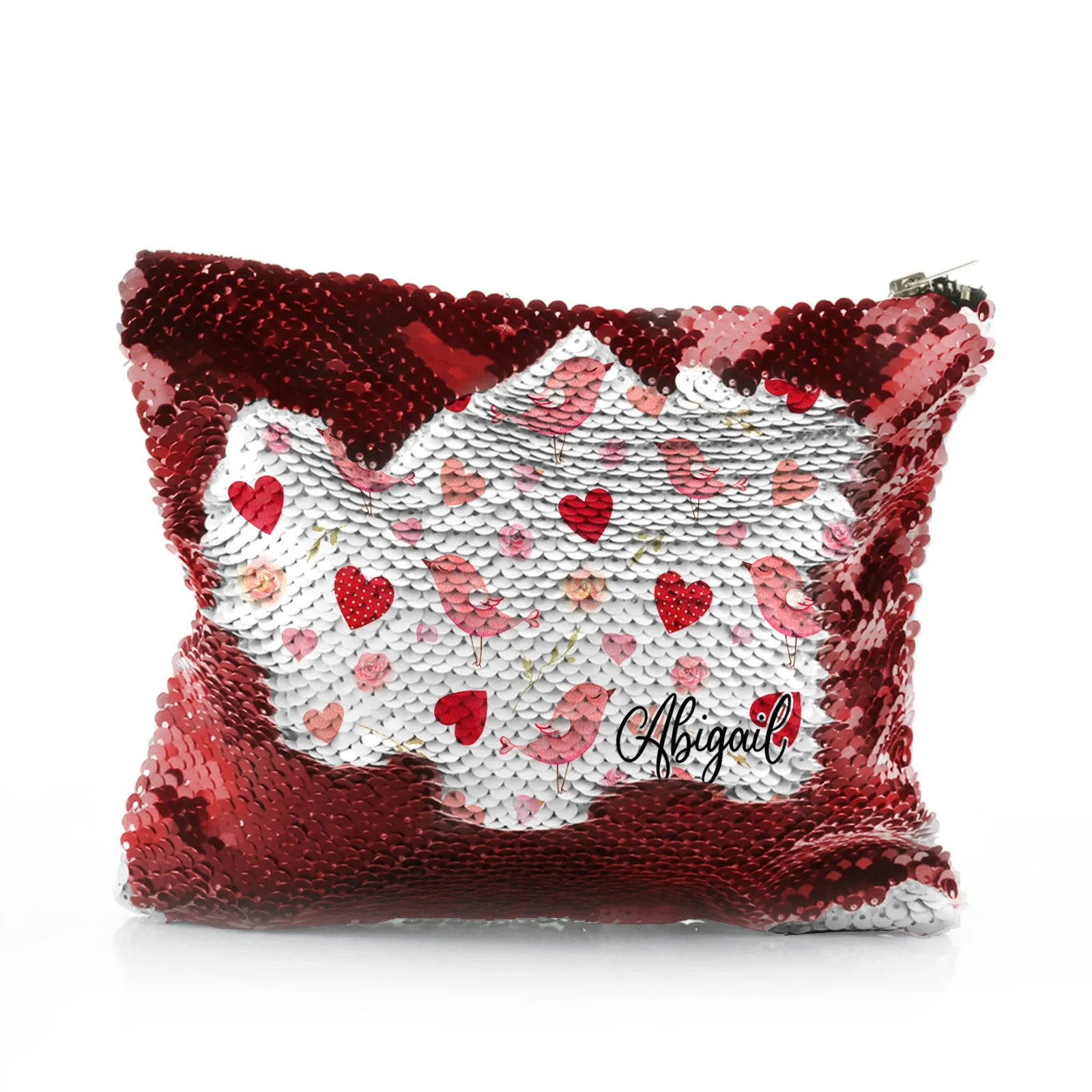 Personalised Sequin Zip Bag with Stylish Text and Love Heart Birds Print