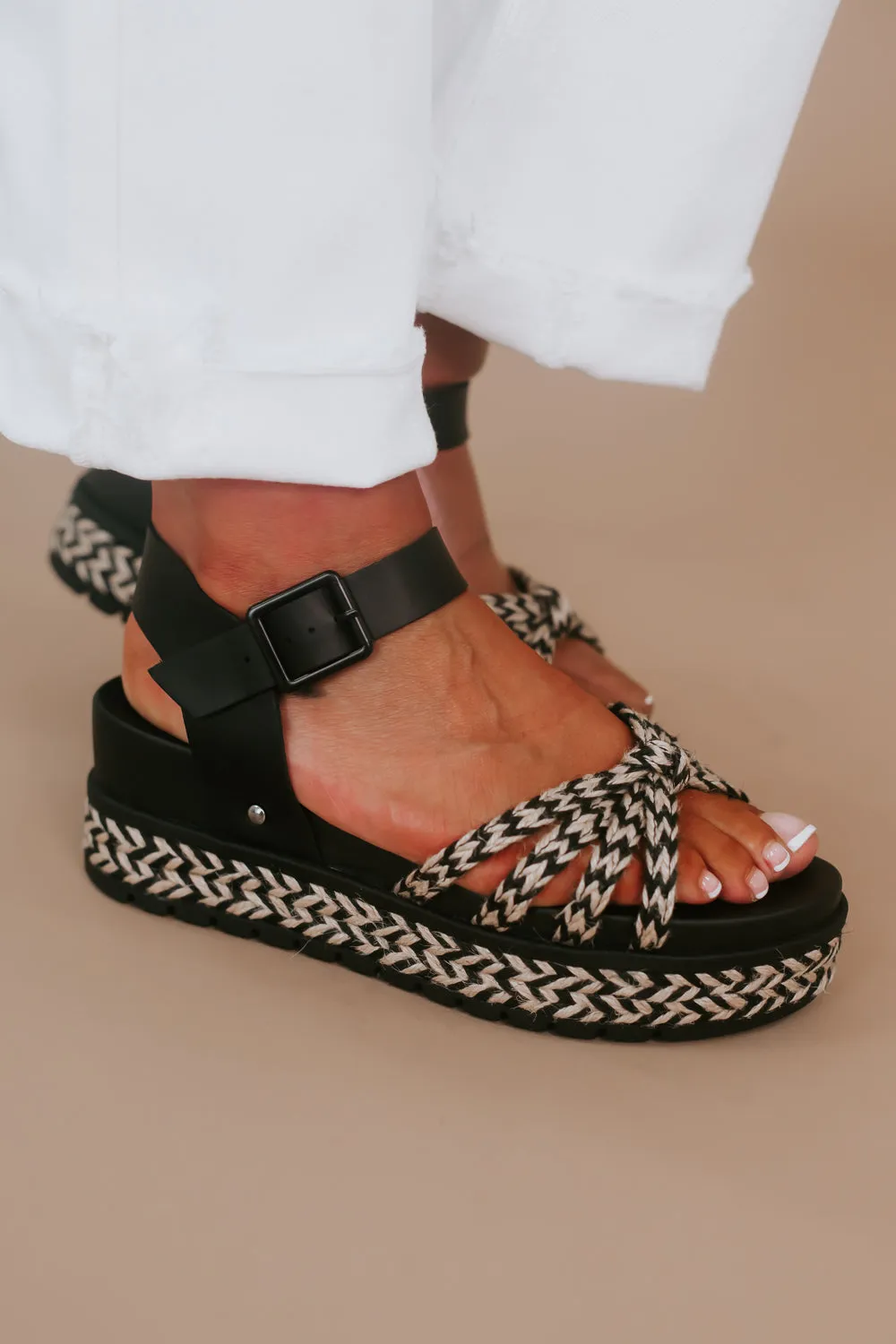 Platform Ankle Strap Sandal, Black