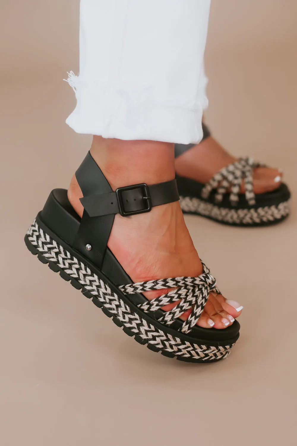 Platform Ankle Strap Sandal, Black