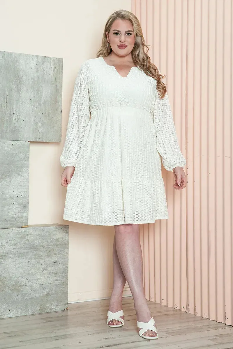 Plus Size Eyelet Lace Long Sleeve Notch Neck Empire Waist Tiered Dress