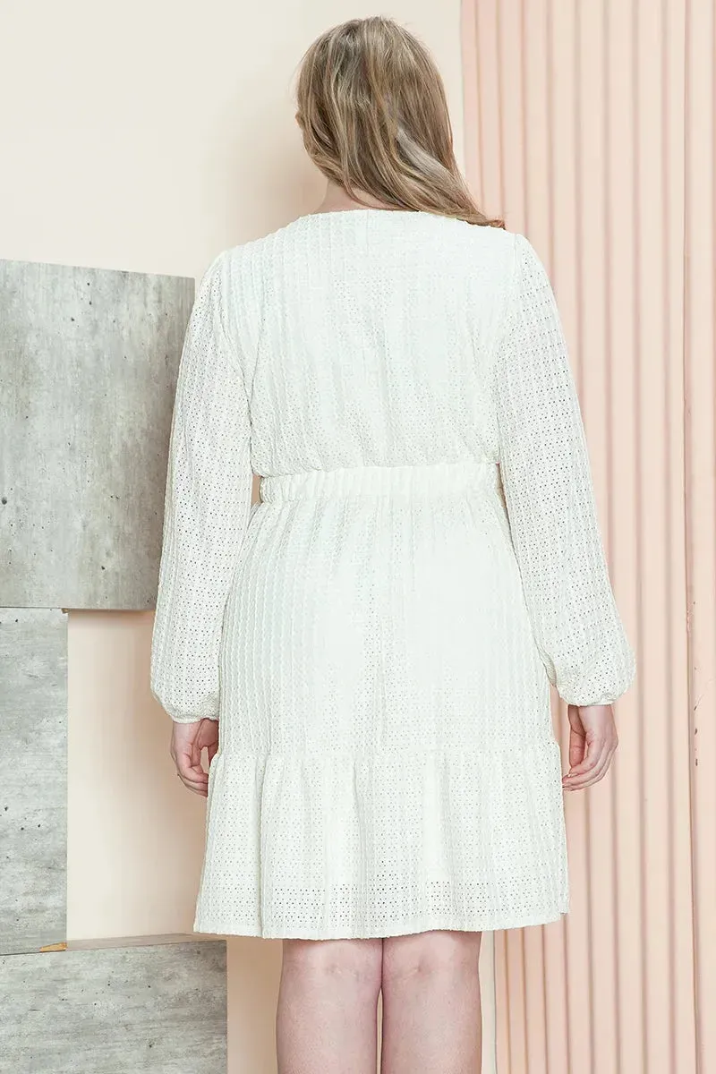 Plus Size Eyelet Lace Long Sleeve Notch Neck Empire Waist Tiered Dress
