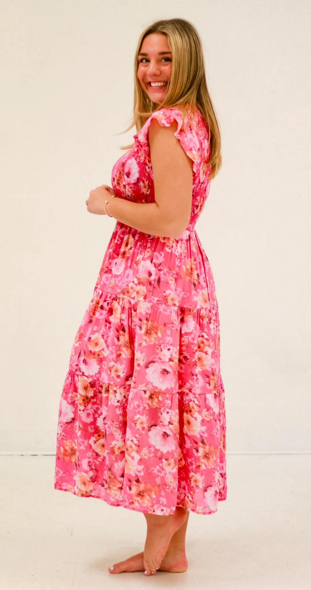 Pretty Girl Hot Pink Floral Midi Dress