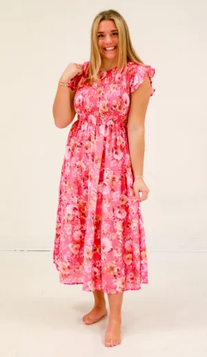 Pretty Girl Hot Pink Floral Midi Dress