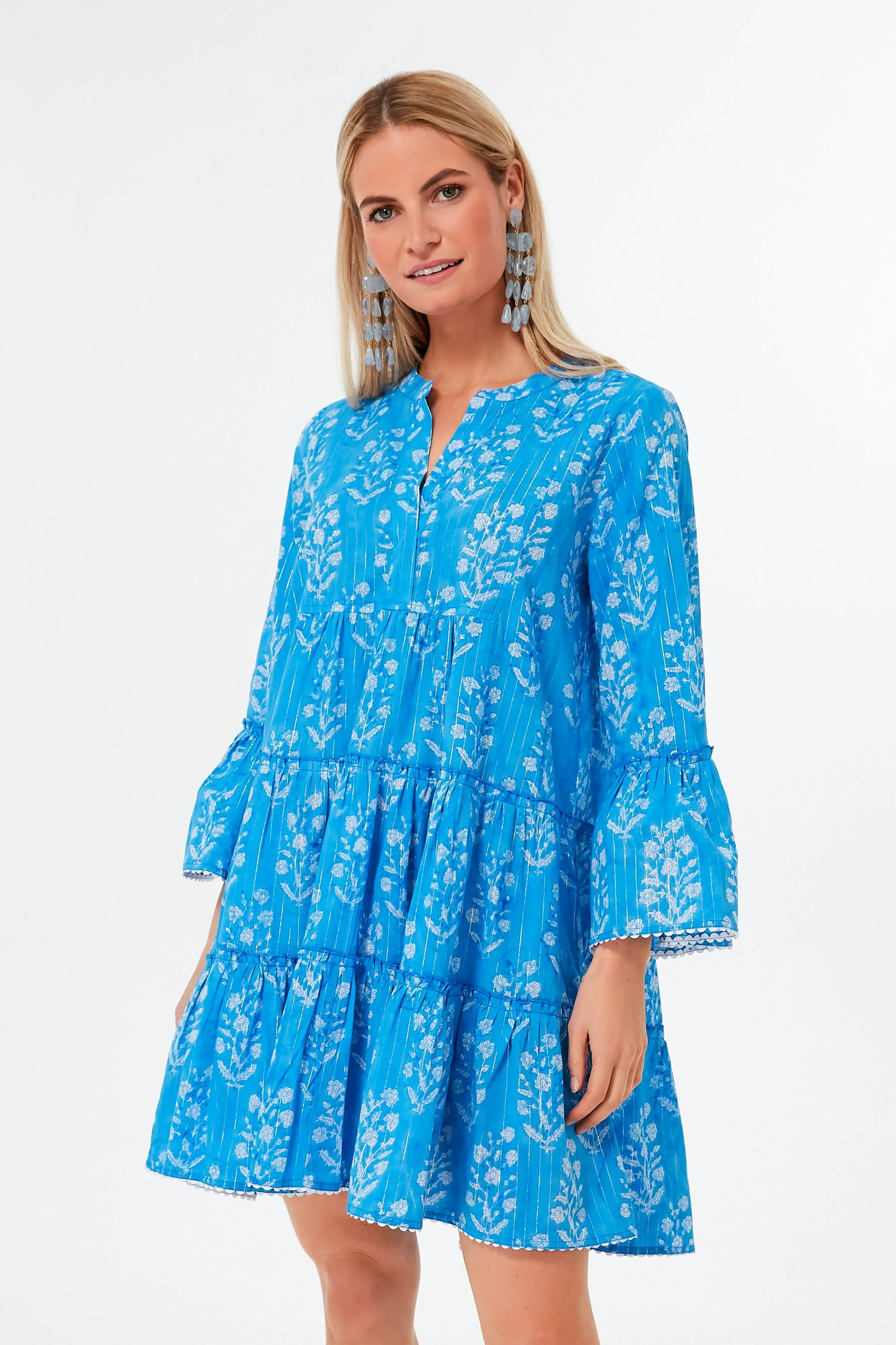Sapphire Small Flower Lurex Flared Sleeve Dress