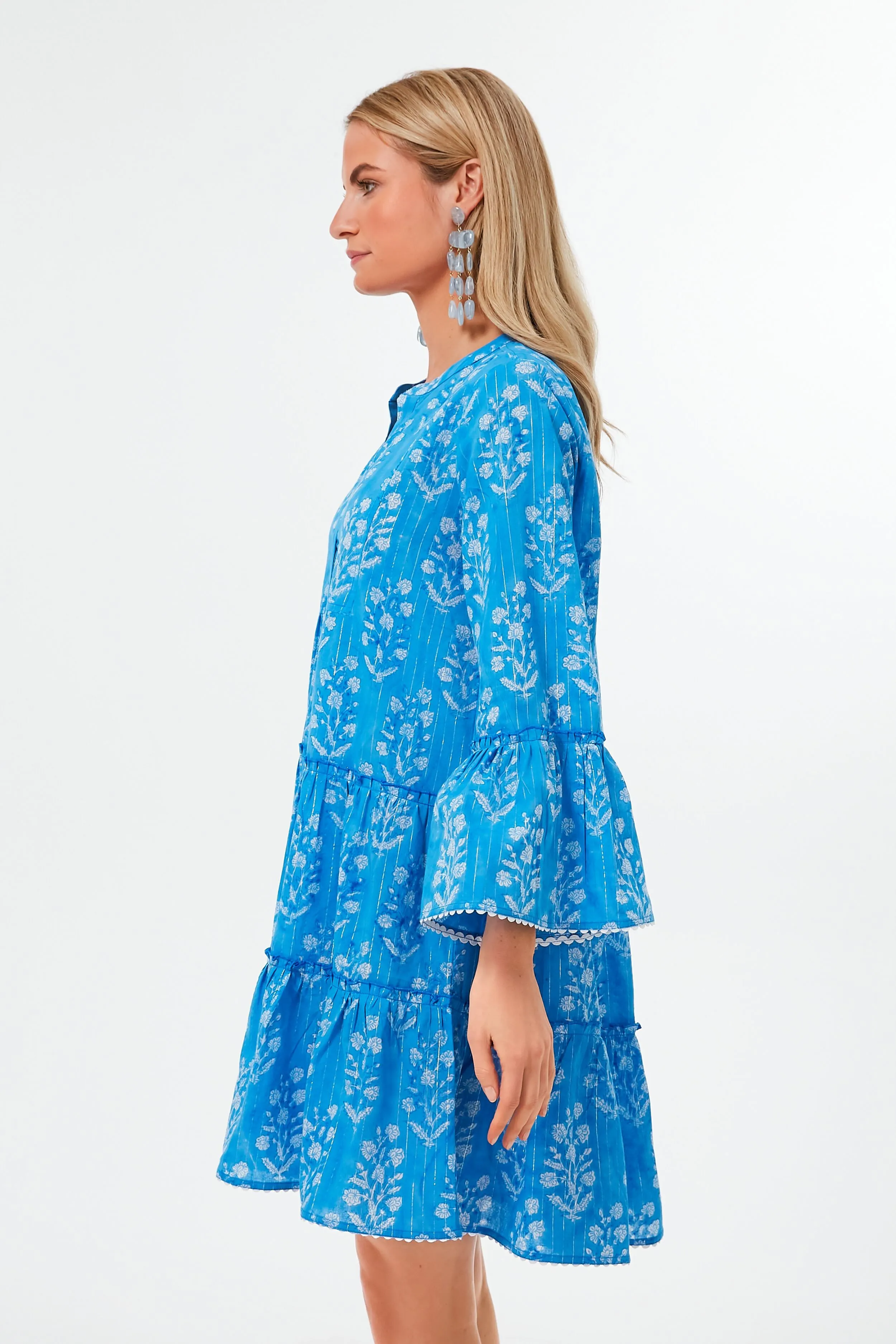 Sapphire Small Flower Lurex Flared Sleeve Dress