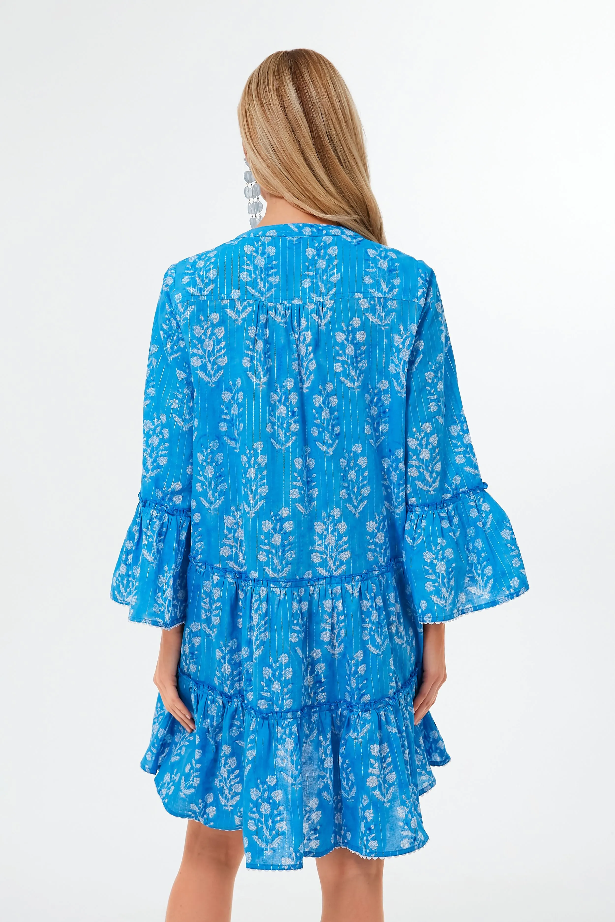 Sapphire Small Flower Lurex Flared Sleeve Dress