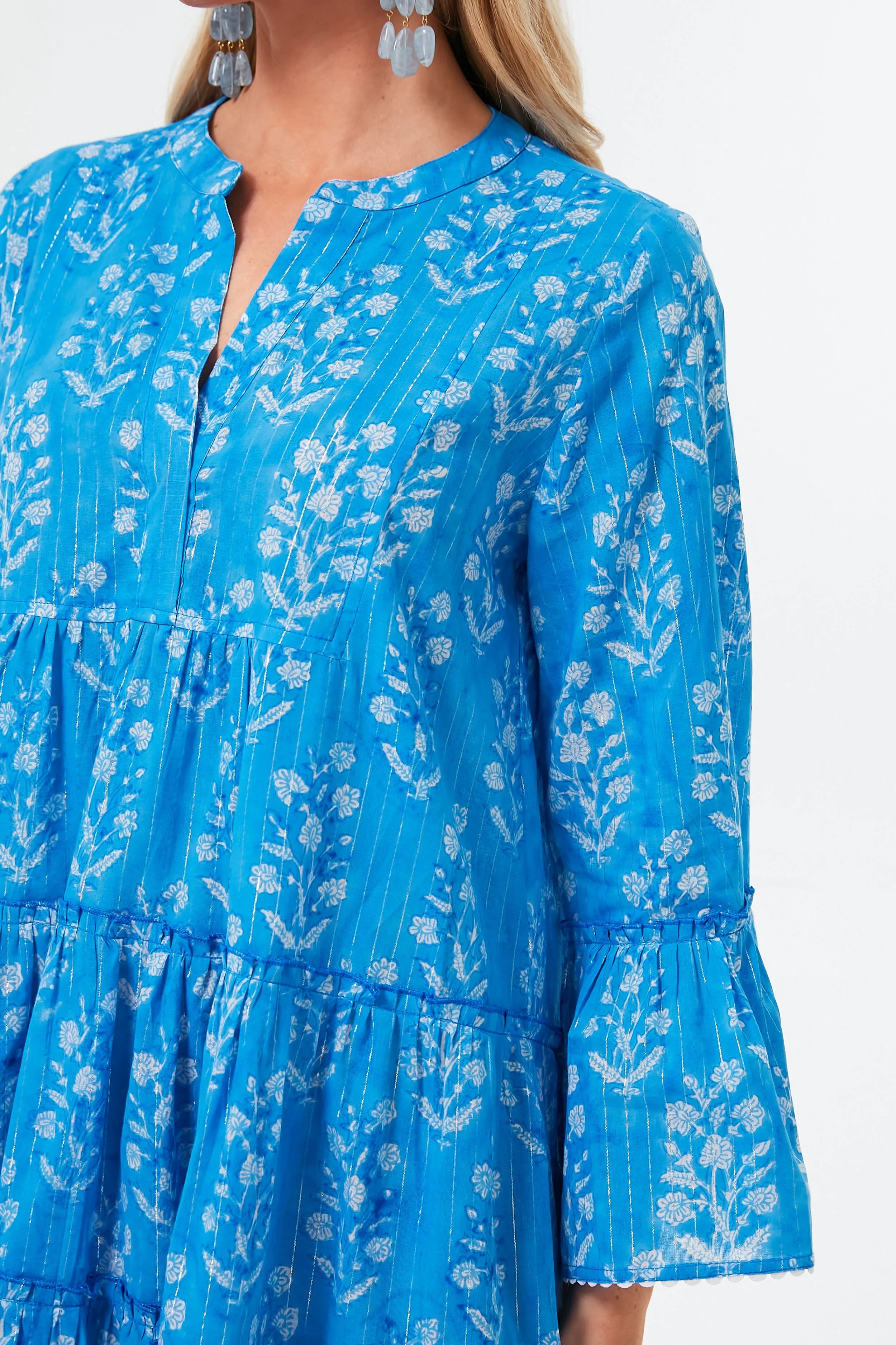 Sapphire Small Flower Lurex Flared Sleeve Dress