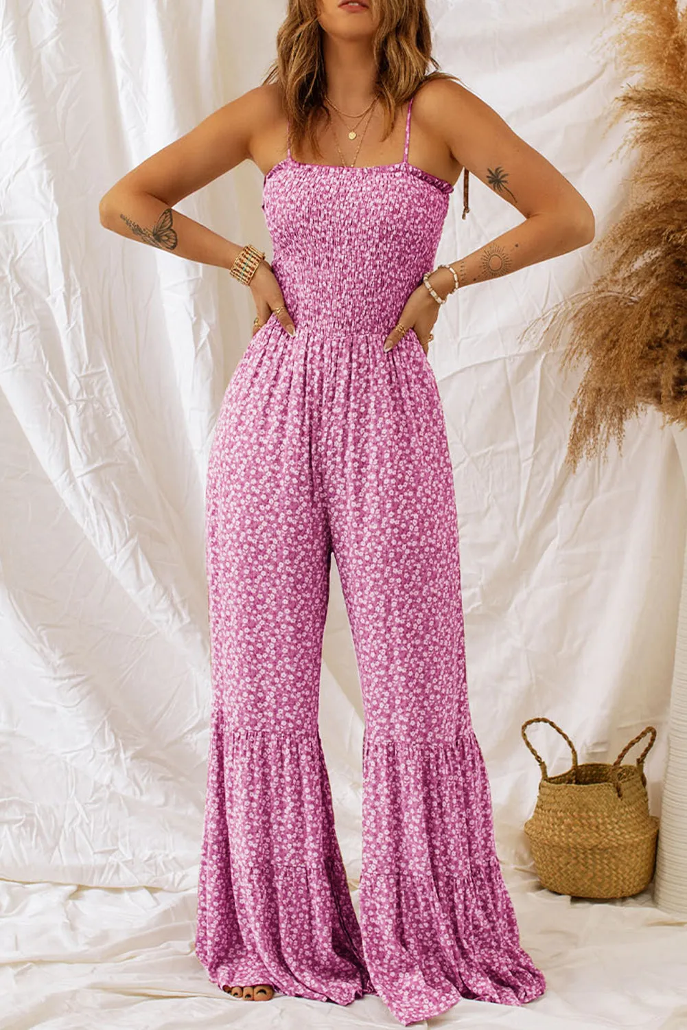Smocked Bodice Wide Leg Floral Romper
