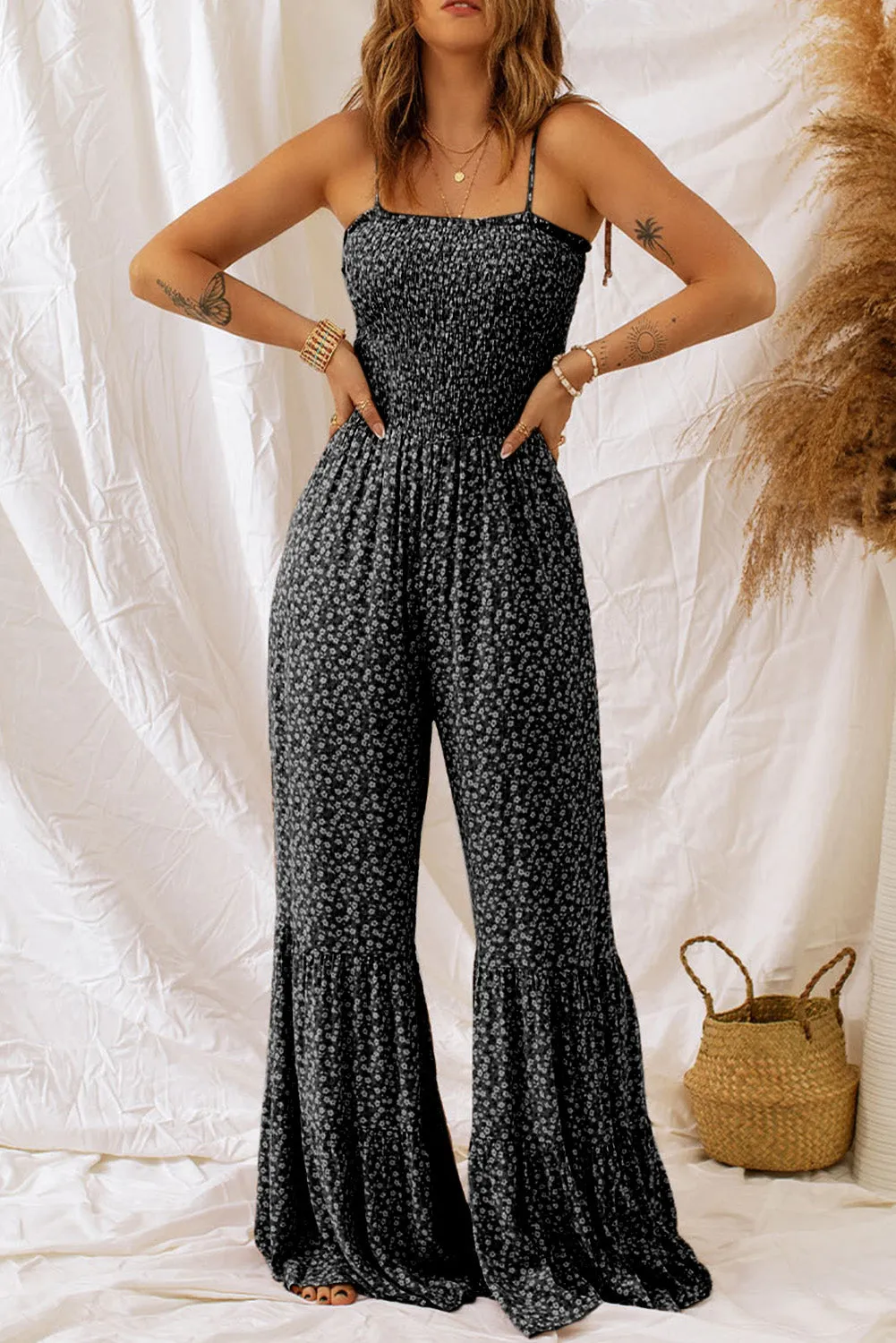 Smocked Bodice Wide Leg Floral Romper