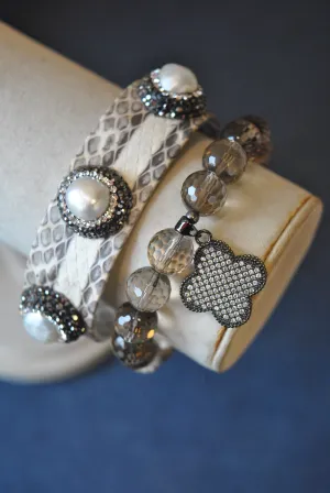 SMOKY QUARTZ STRETCHY BRACELET AND LEATHER CUFF SET