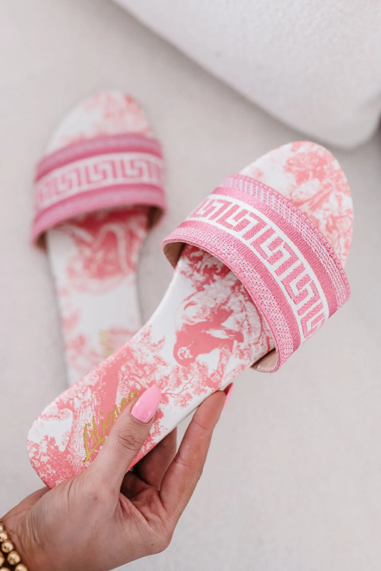 Starlit Allure Woven Print Slide Sandals (Pink)