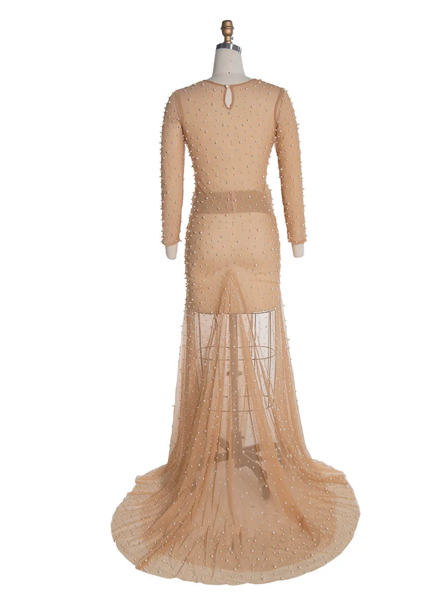 Stretchy Mesh Pearls Maternity Fitted Dress for Photoshoot