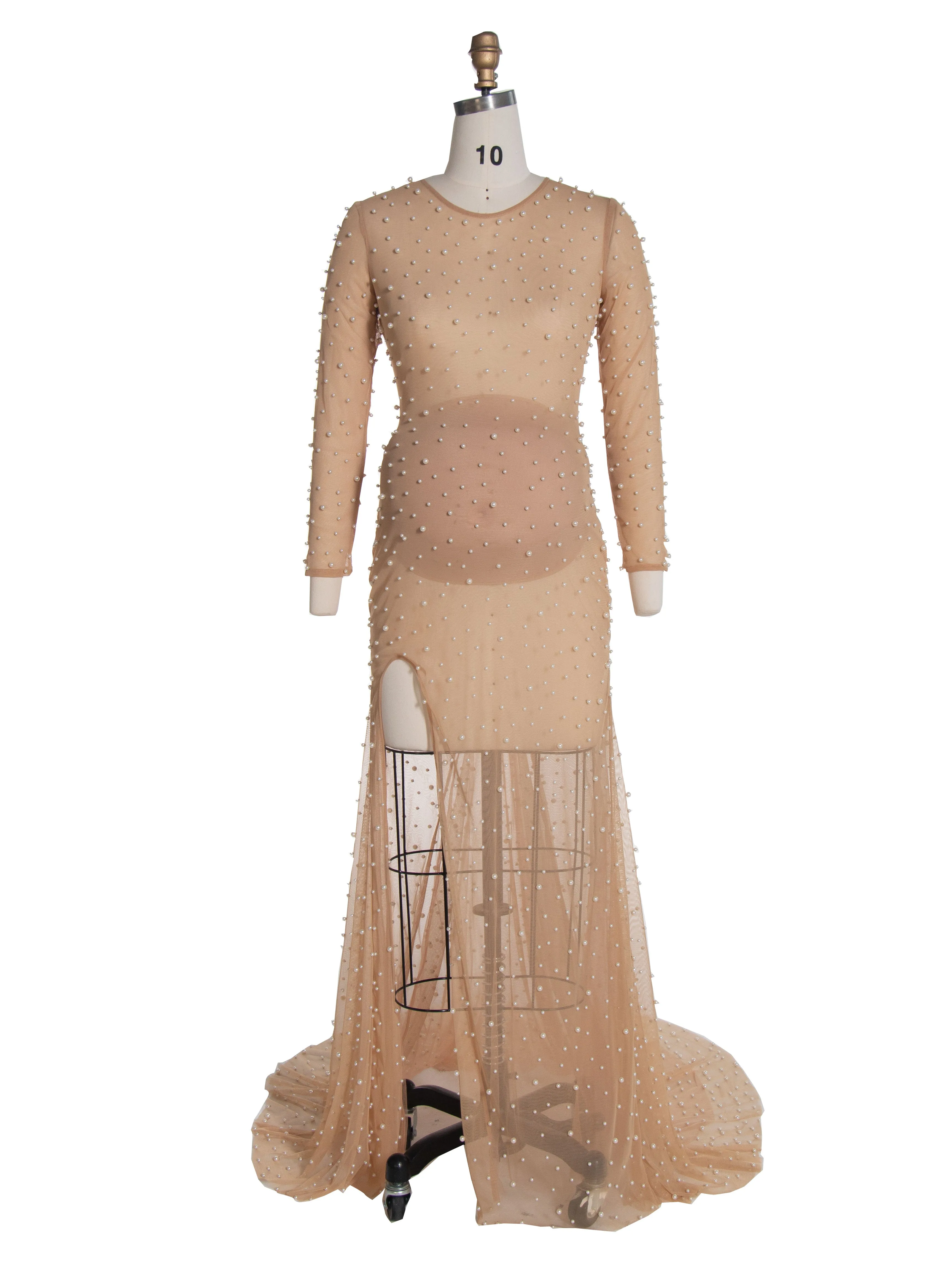 Stretchy Mesh Pearls Maternity Fitted Dress for Photoshoot