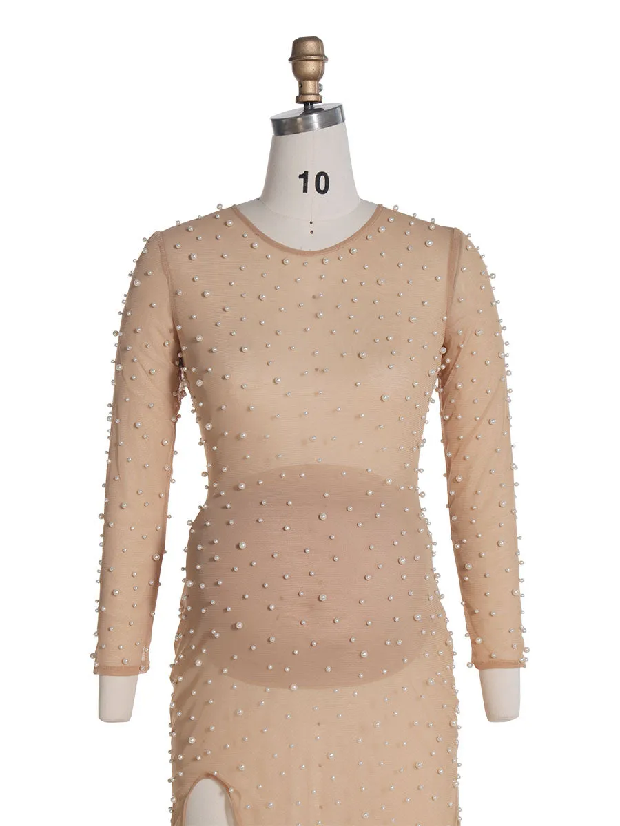 Stretchy Mesh Pearls Maternity Fitted Dress for Photoshoot