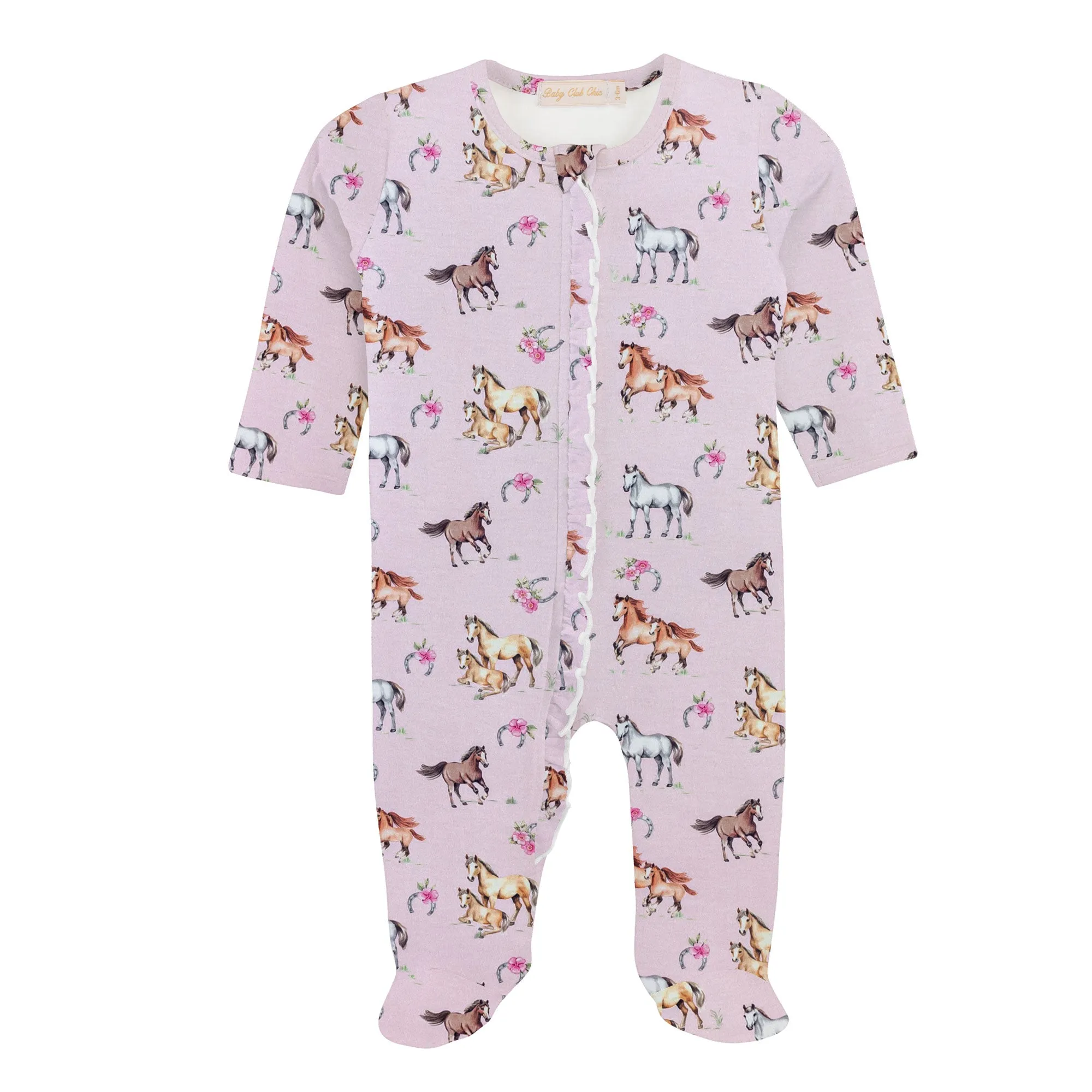 Sweet Horses Pink Printed Zipped Footie with Ruffles