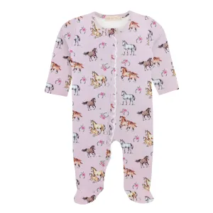 Sweet Horses Pink Printed Zipped Footie with Ruffles