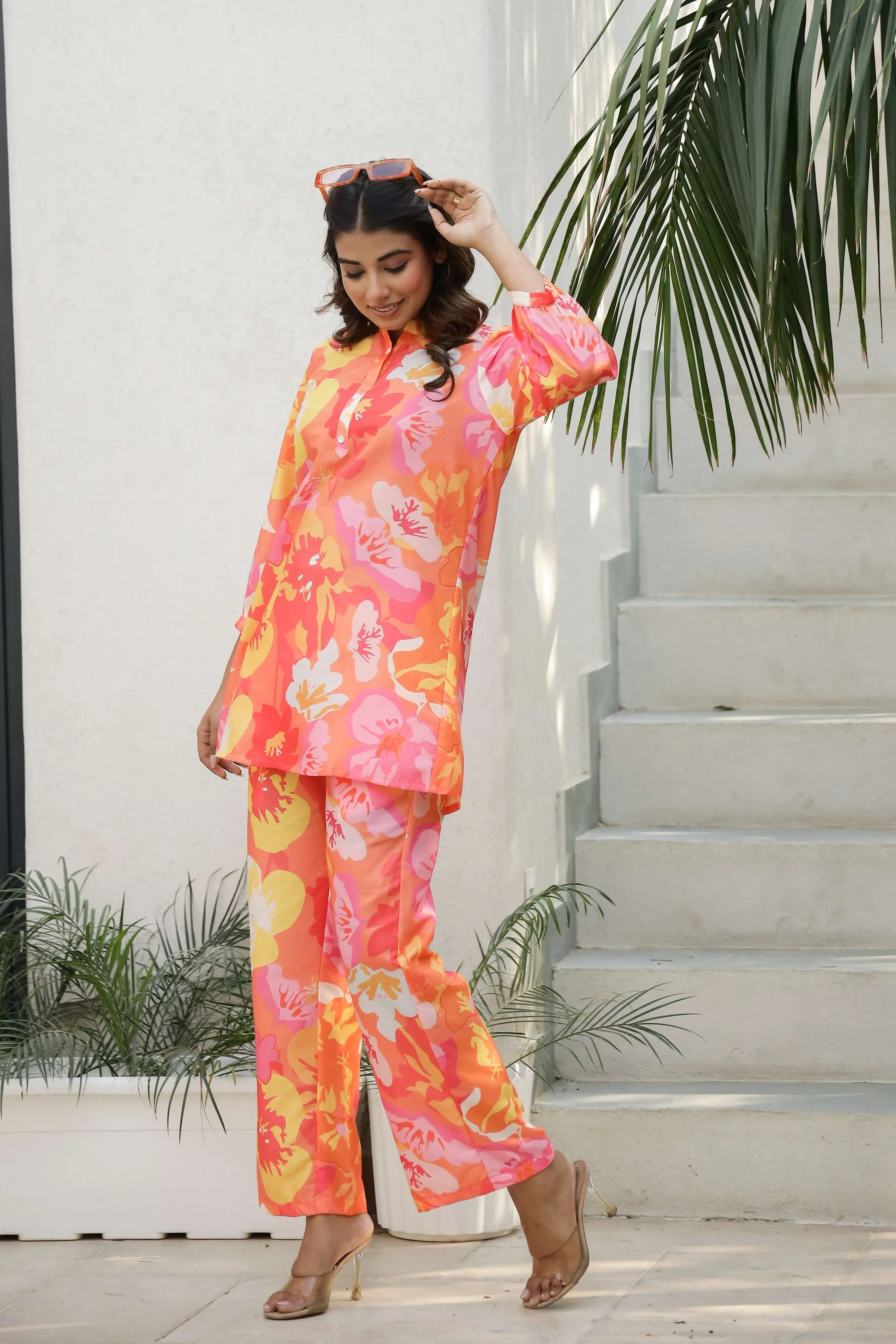 Vibrant Orange & Pink Tropical Floral Co-Ord Set for Women