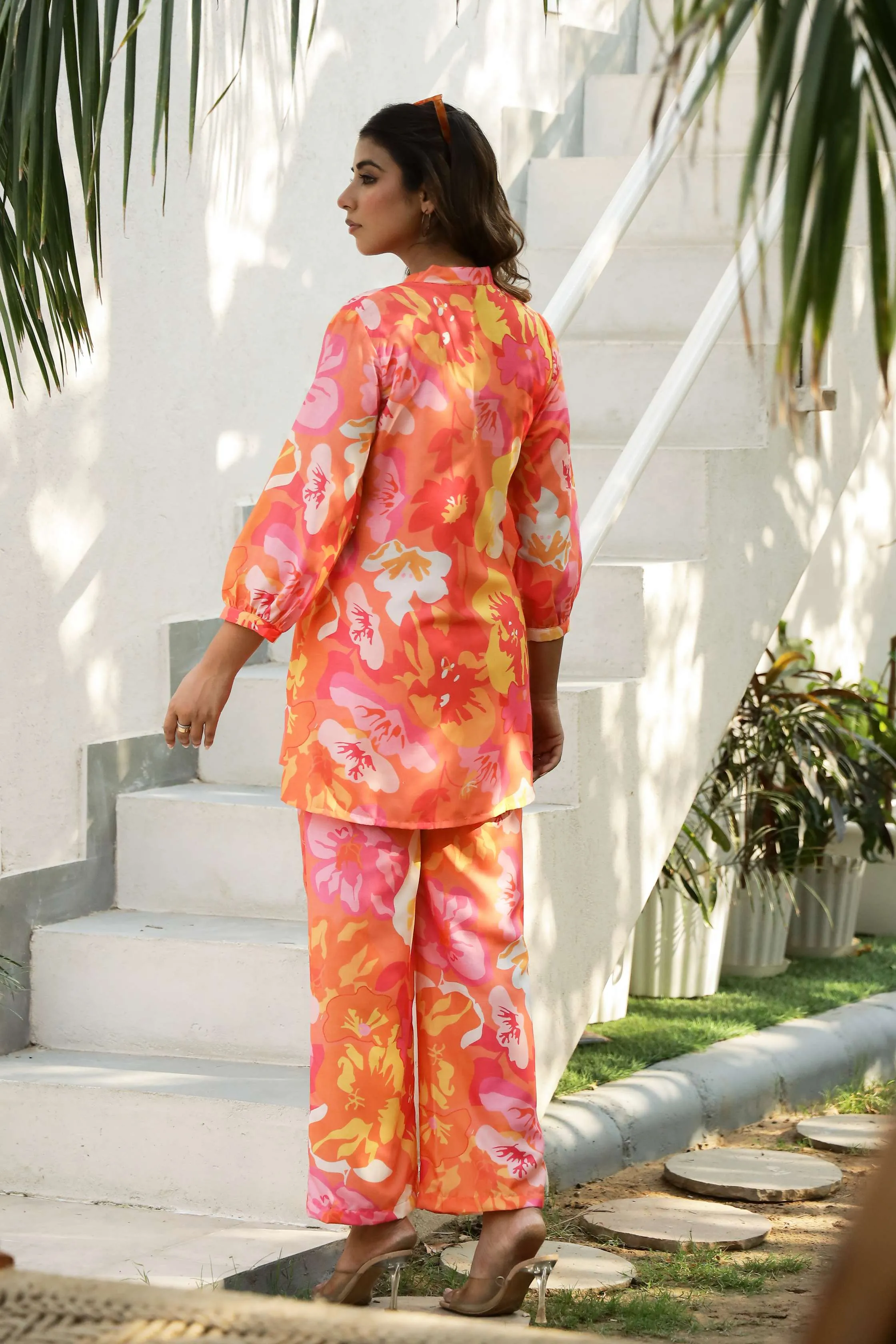 Vibrant Orange & Pink Tropical Floral Co-Ord Set for Women