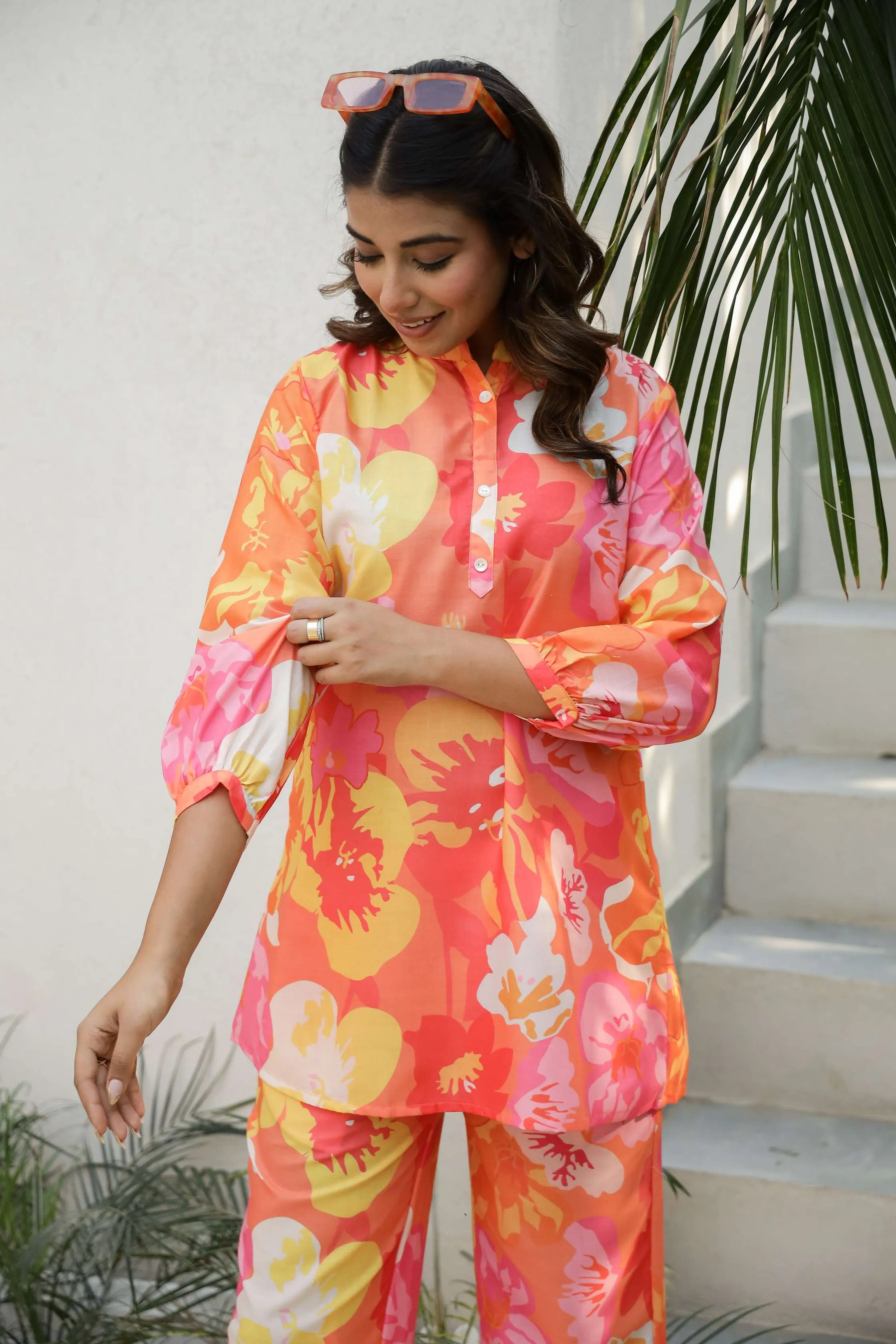 Vibrant Orange & Pink Tropical Floral Co-Ord Set for Women