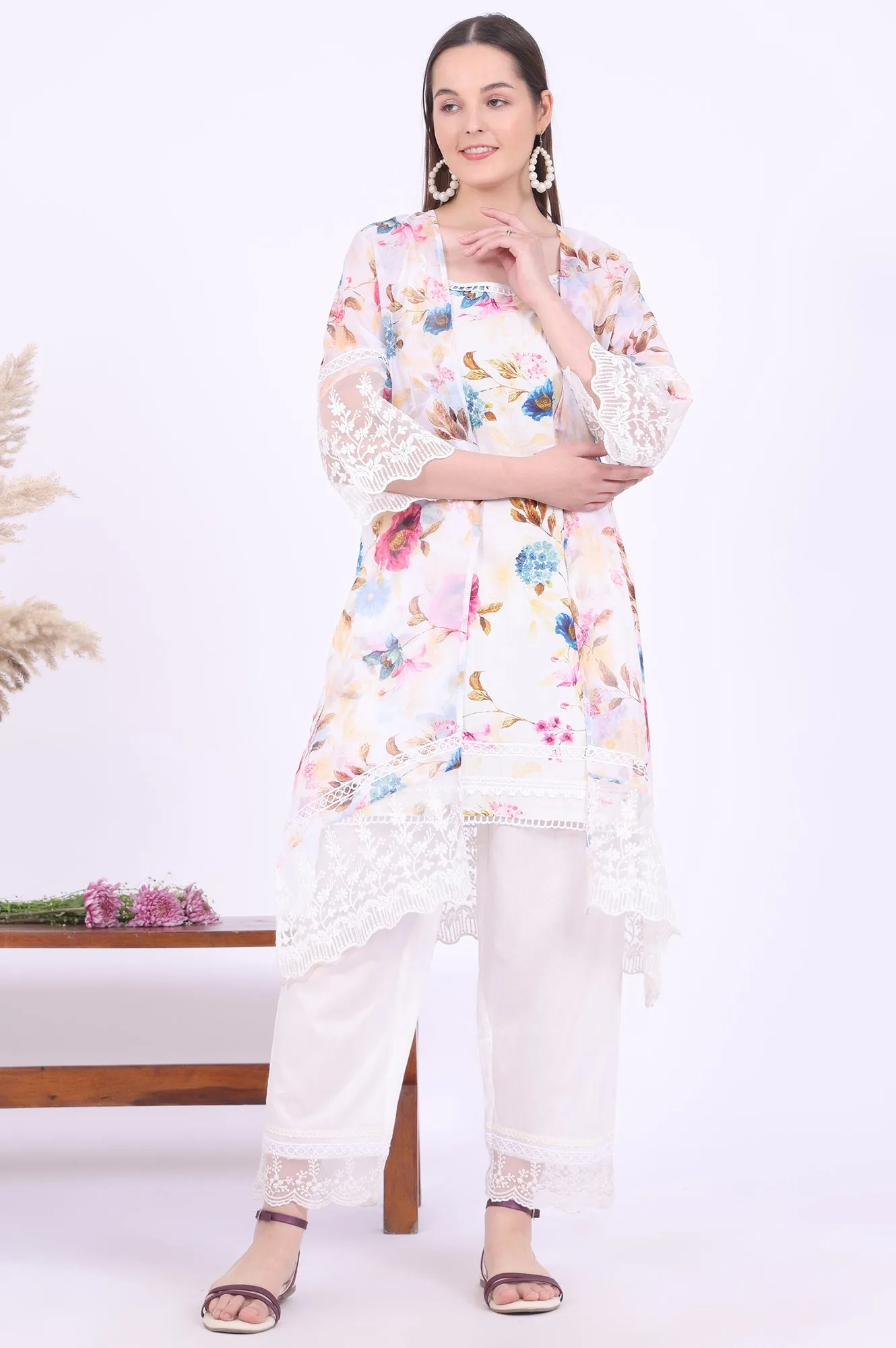 White Printed Gillet Straight Kurta with Palazzo & Dupatta Set