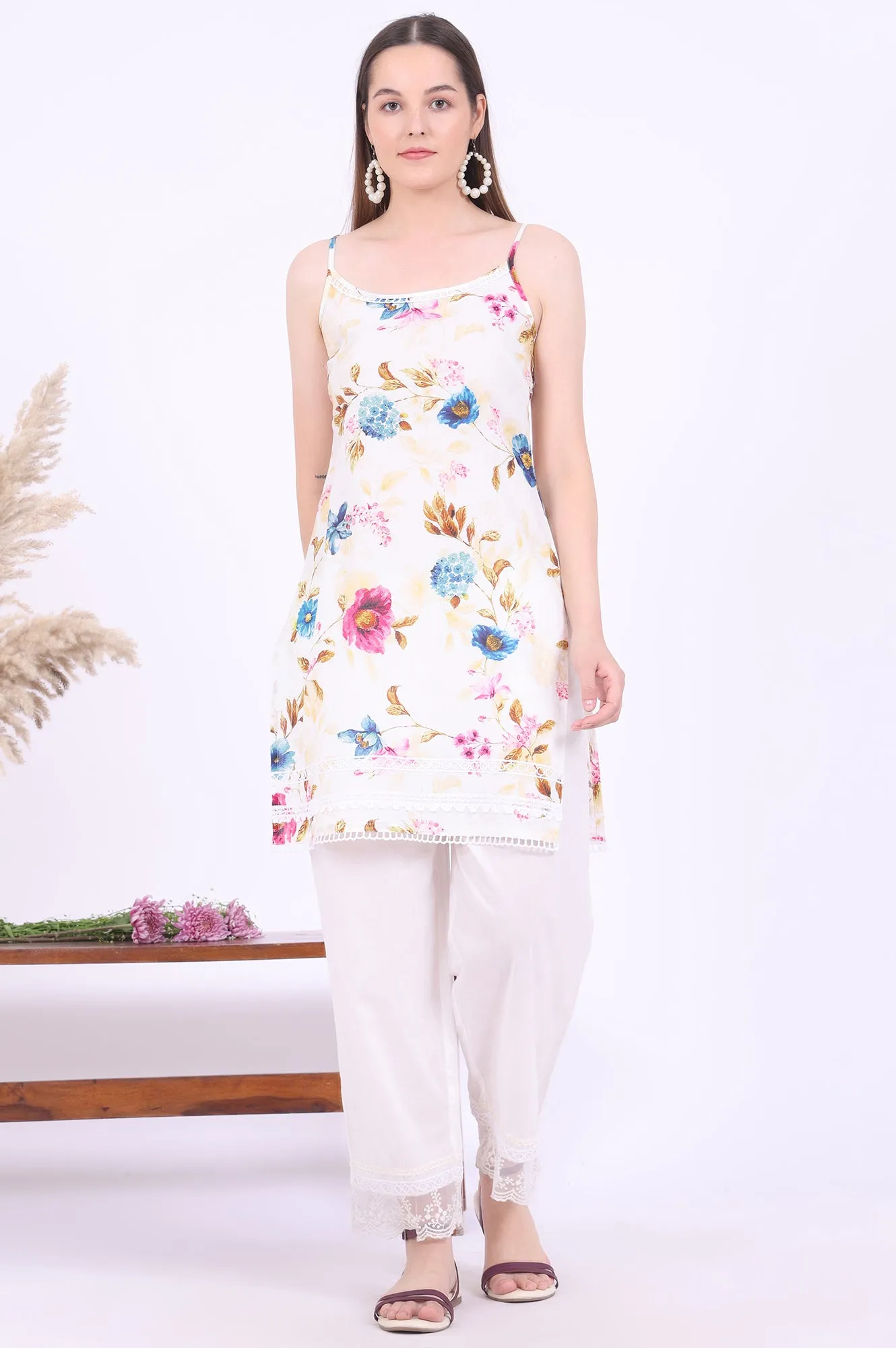 White Printed Gillet Straight Kurta with Palazzo & Dupatta Set