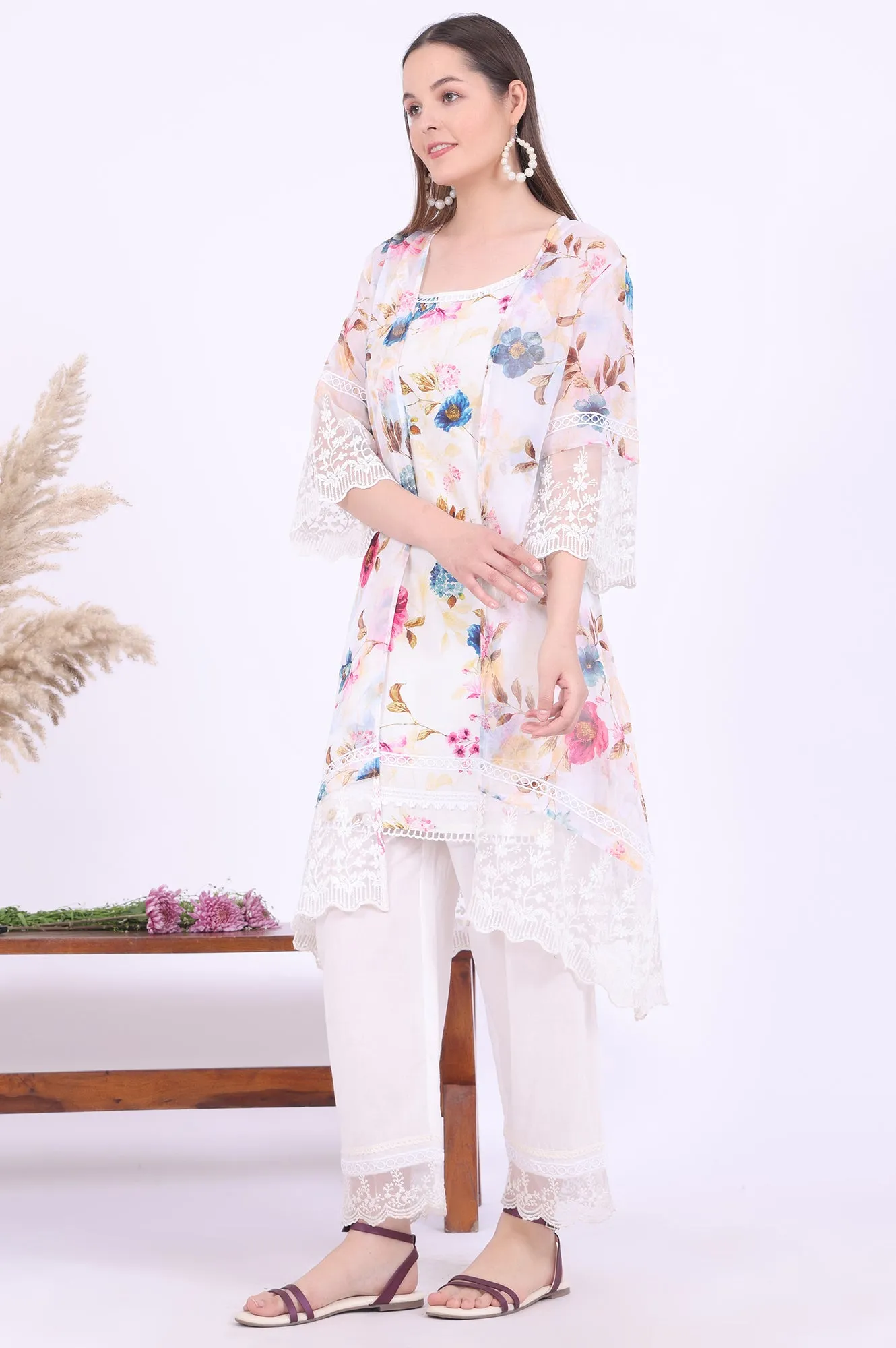 White Printed Gillet Straight Kurta with Palazzo & Dupatta Set