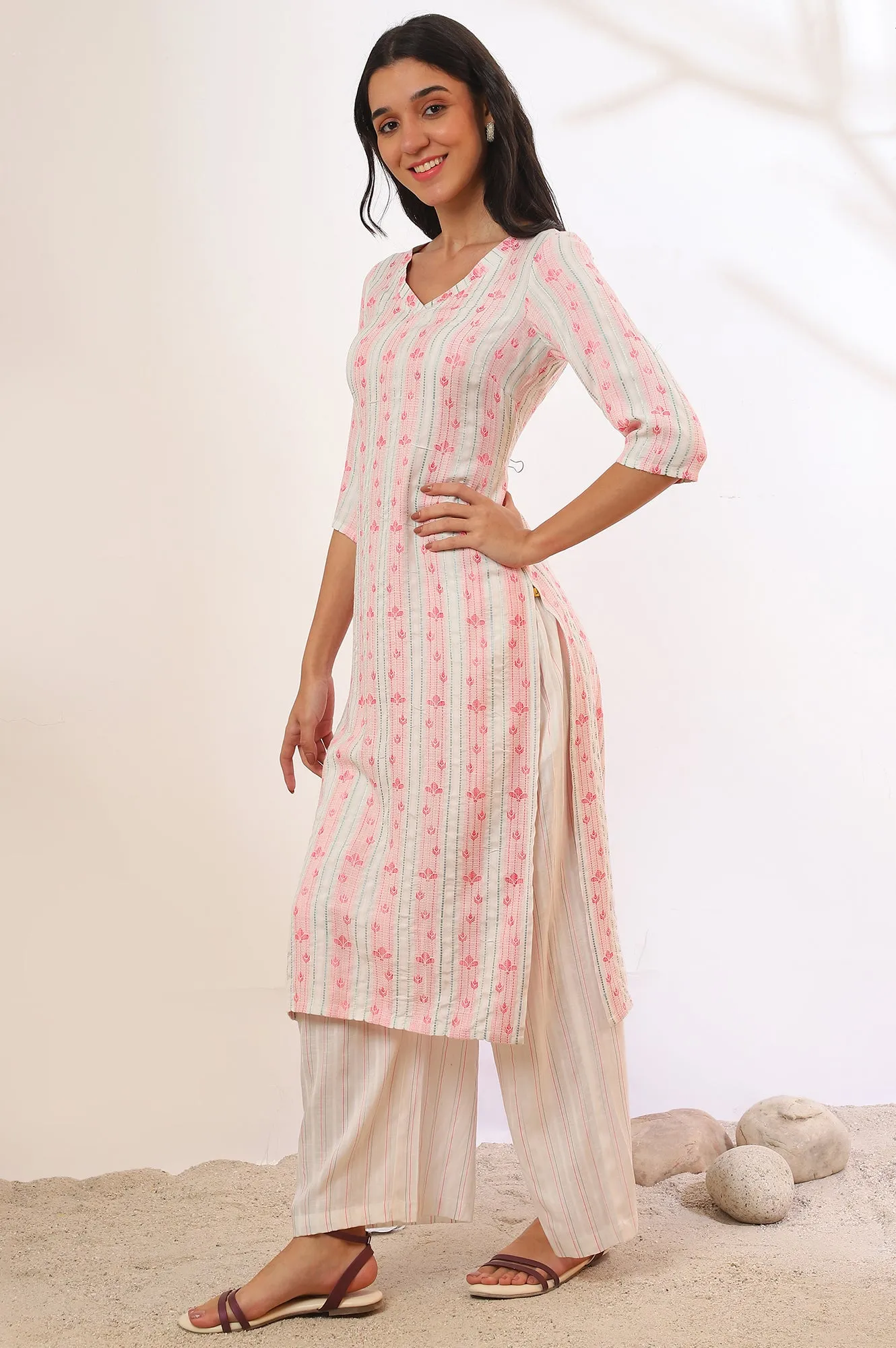 White Yarn Dyed Rayon Straight Kurta & Palazzo Set