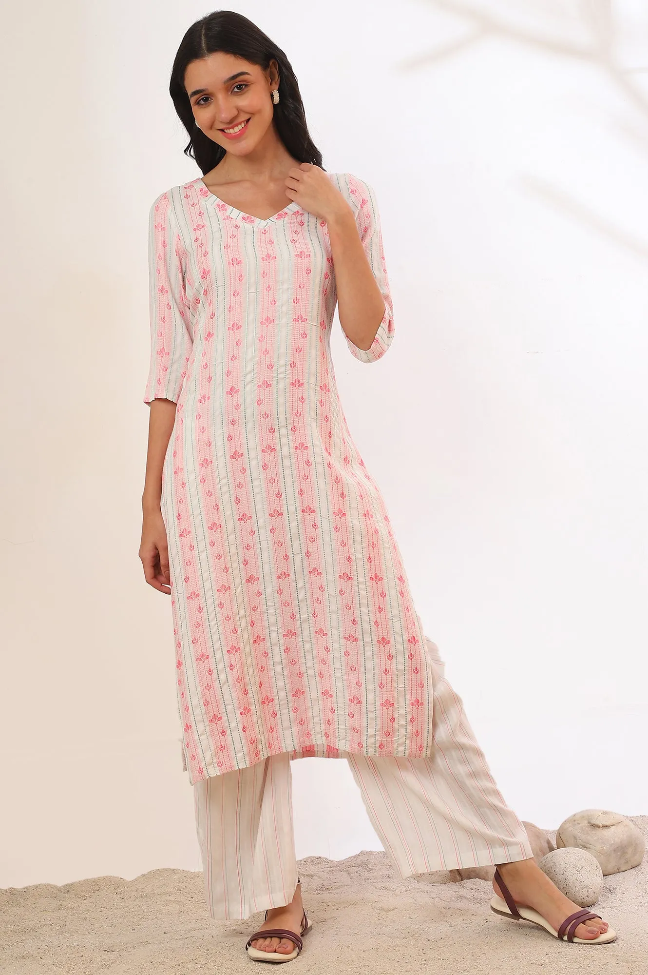 White Yarn Dyed Rayon Straight Kurta & Palazzo Set