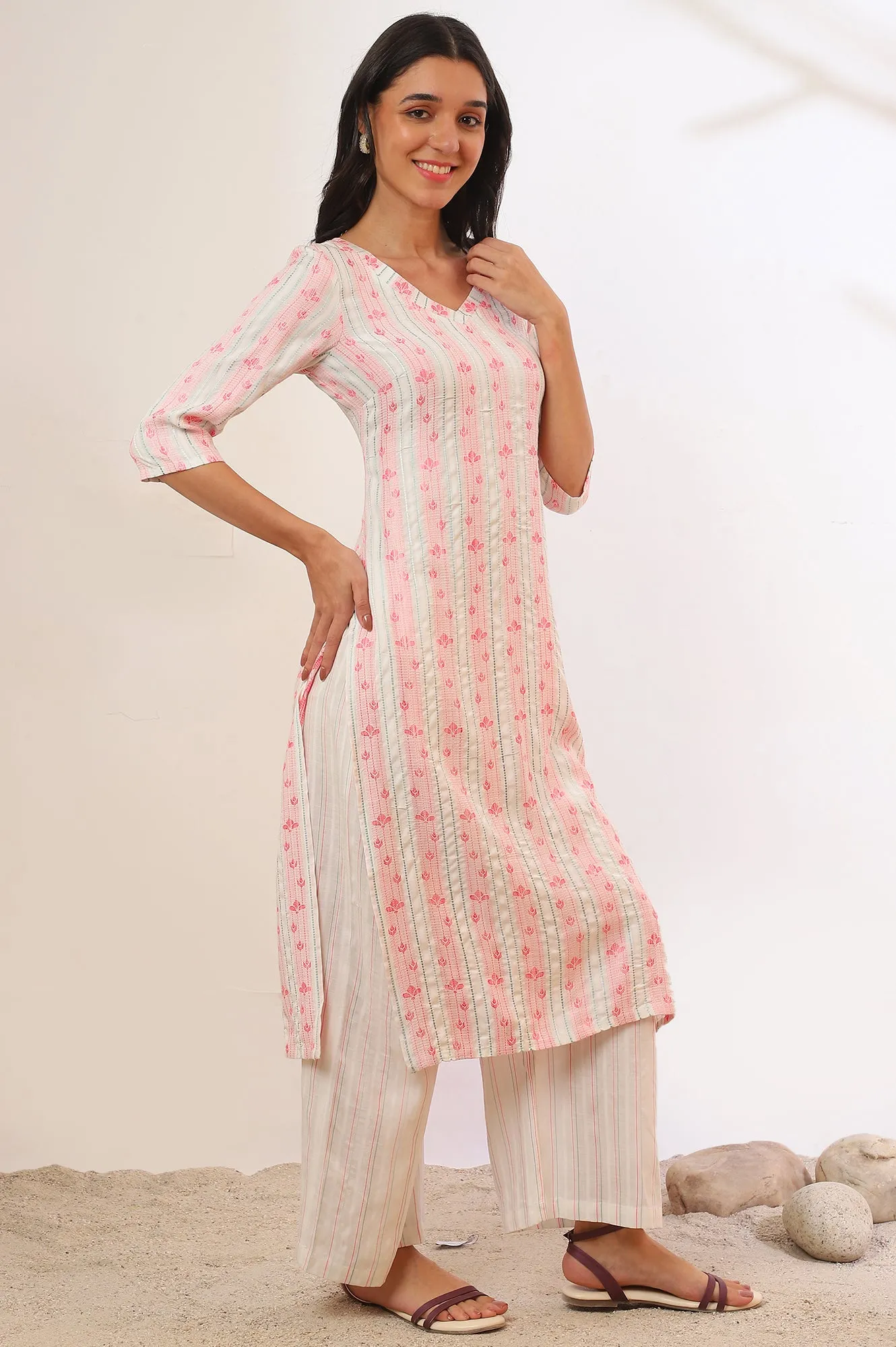 White Yarn Dyed Rayon Straight Kurta & Palazzo Set