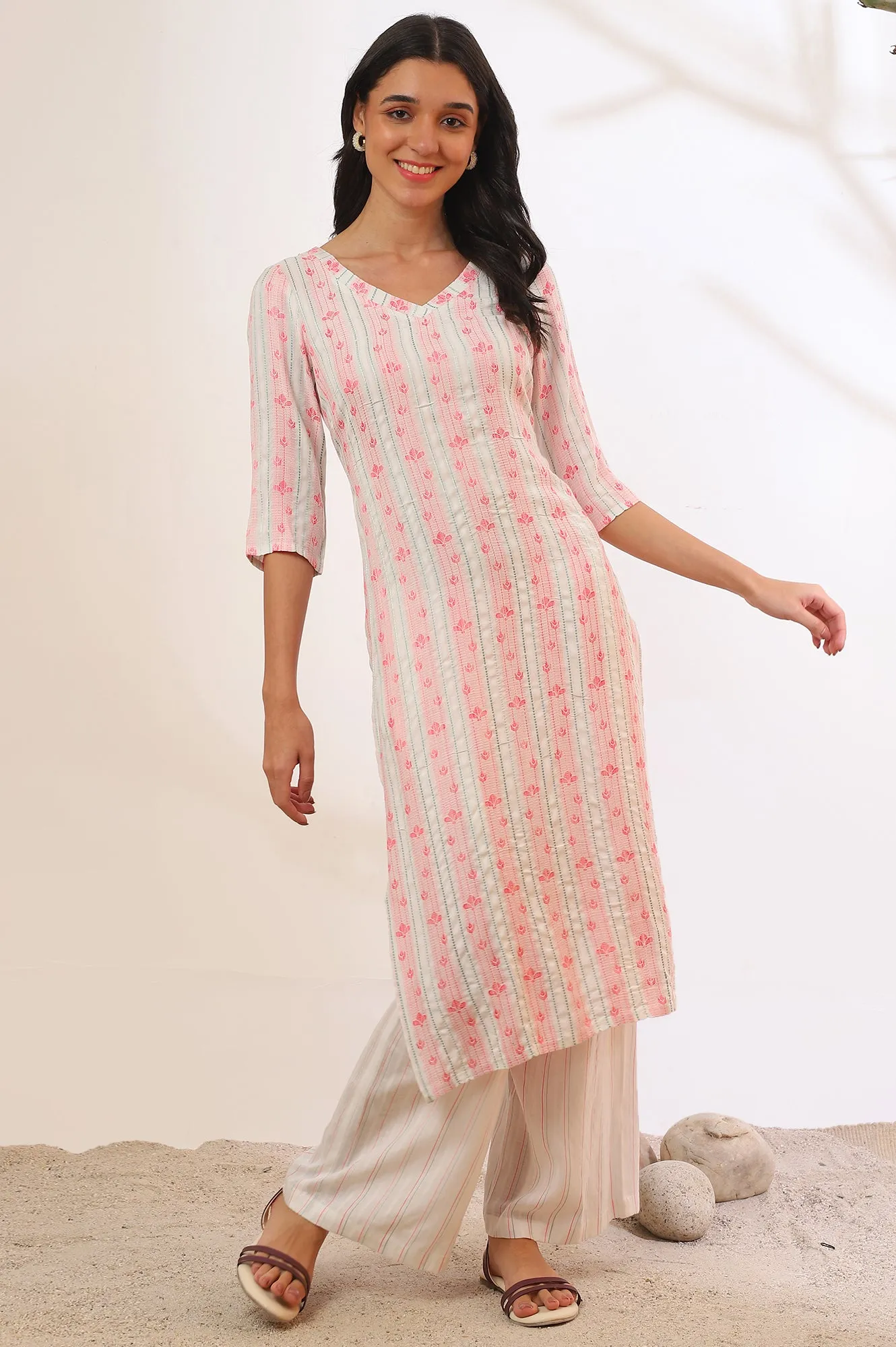 White Yarn Dyed Rayon Straight Kurta & Palazzo Set