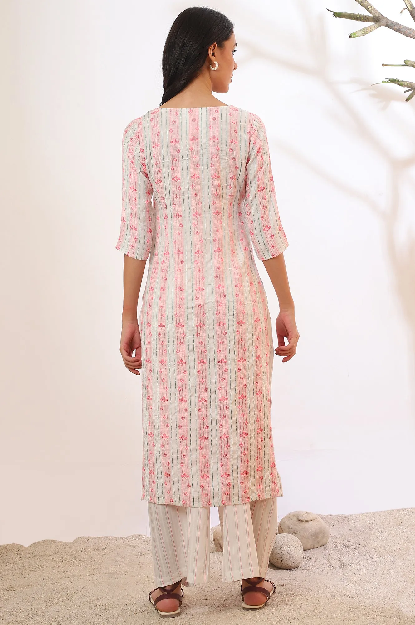 White Yarn Dyed Rayon Straight Kurta & Palazzo Set