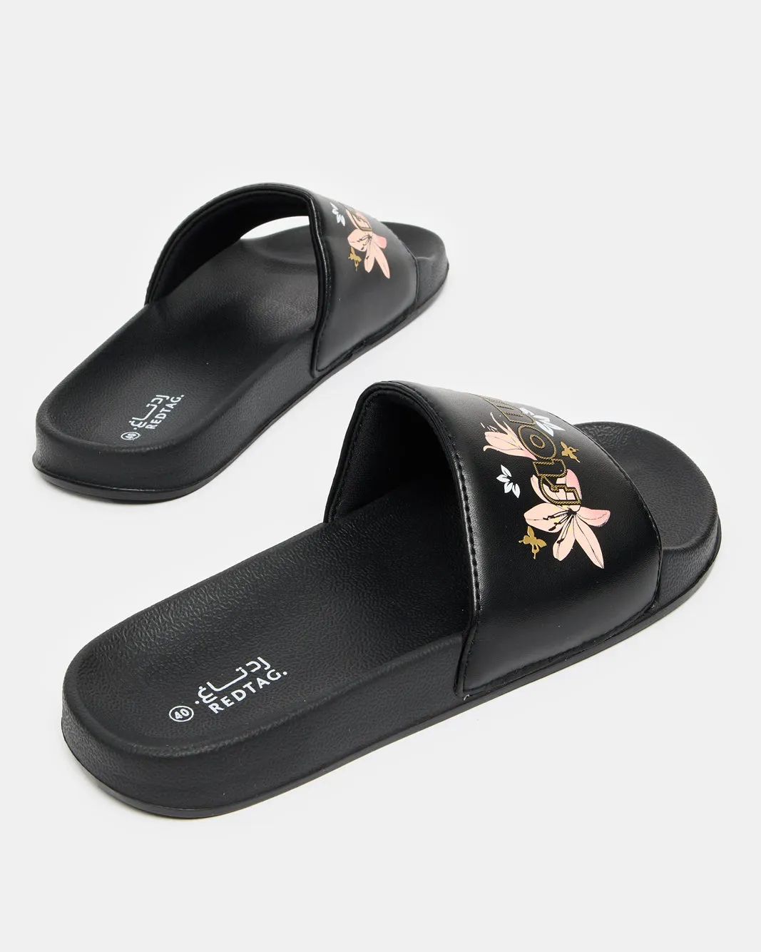 Women Black Slogan Embossed Slide