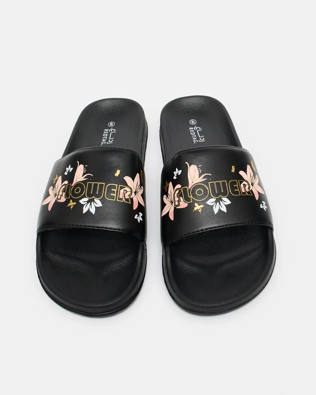 Women Black Slogan Embossed Slide