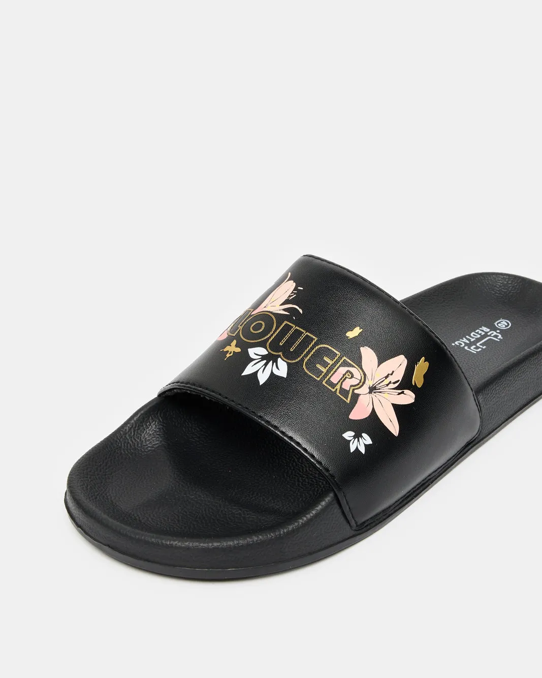 Women Black Slogan Embossed Slide